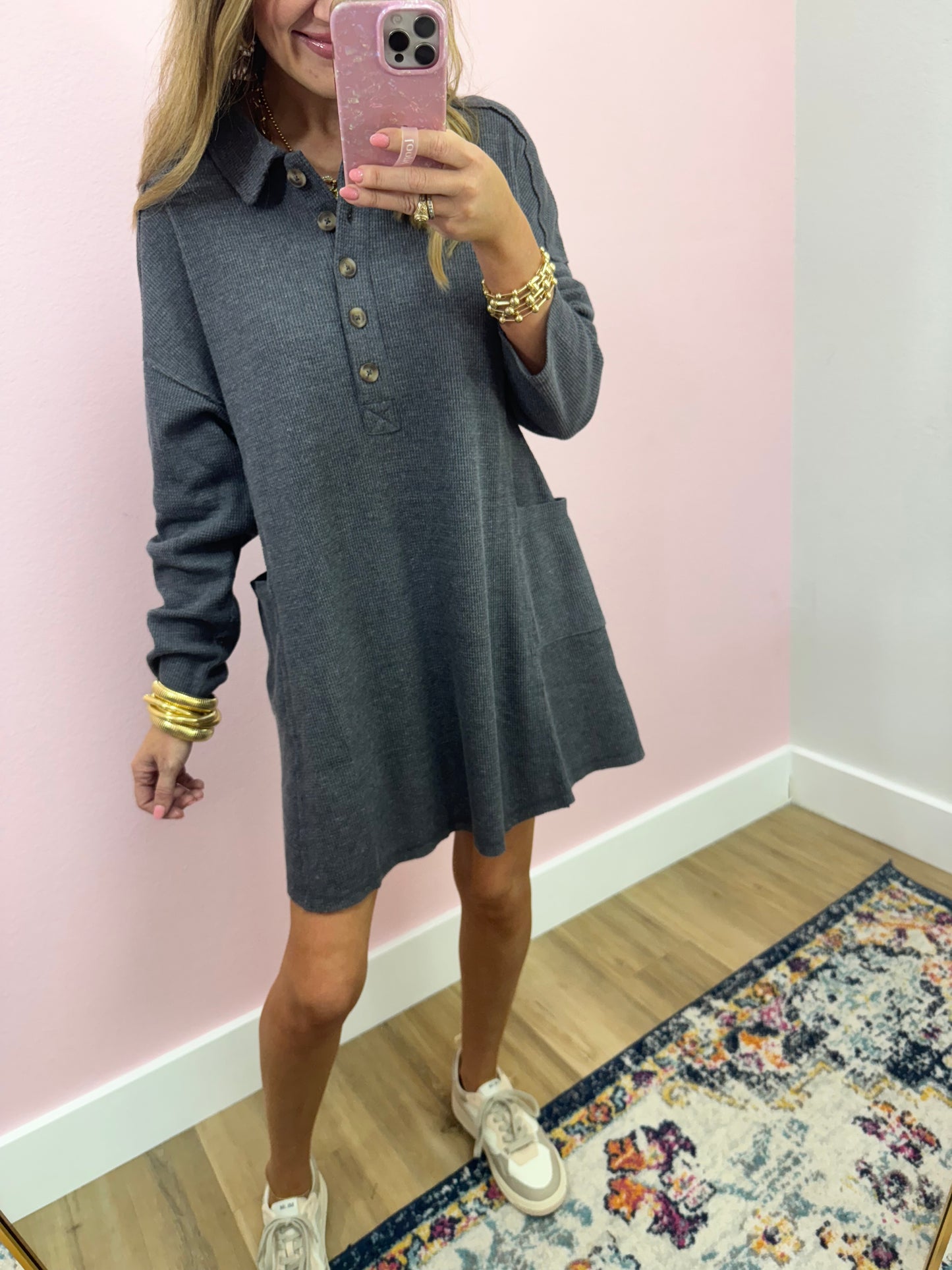 3/4 Waffle Button Long Sleeve Dress (5 colors!) FS