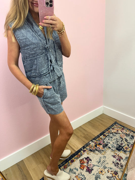 Denim Quilted Vest Two Piece Set