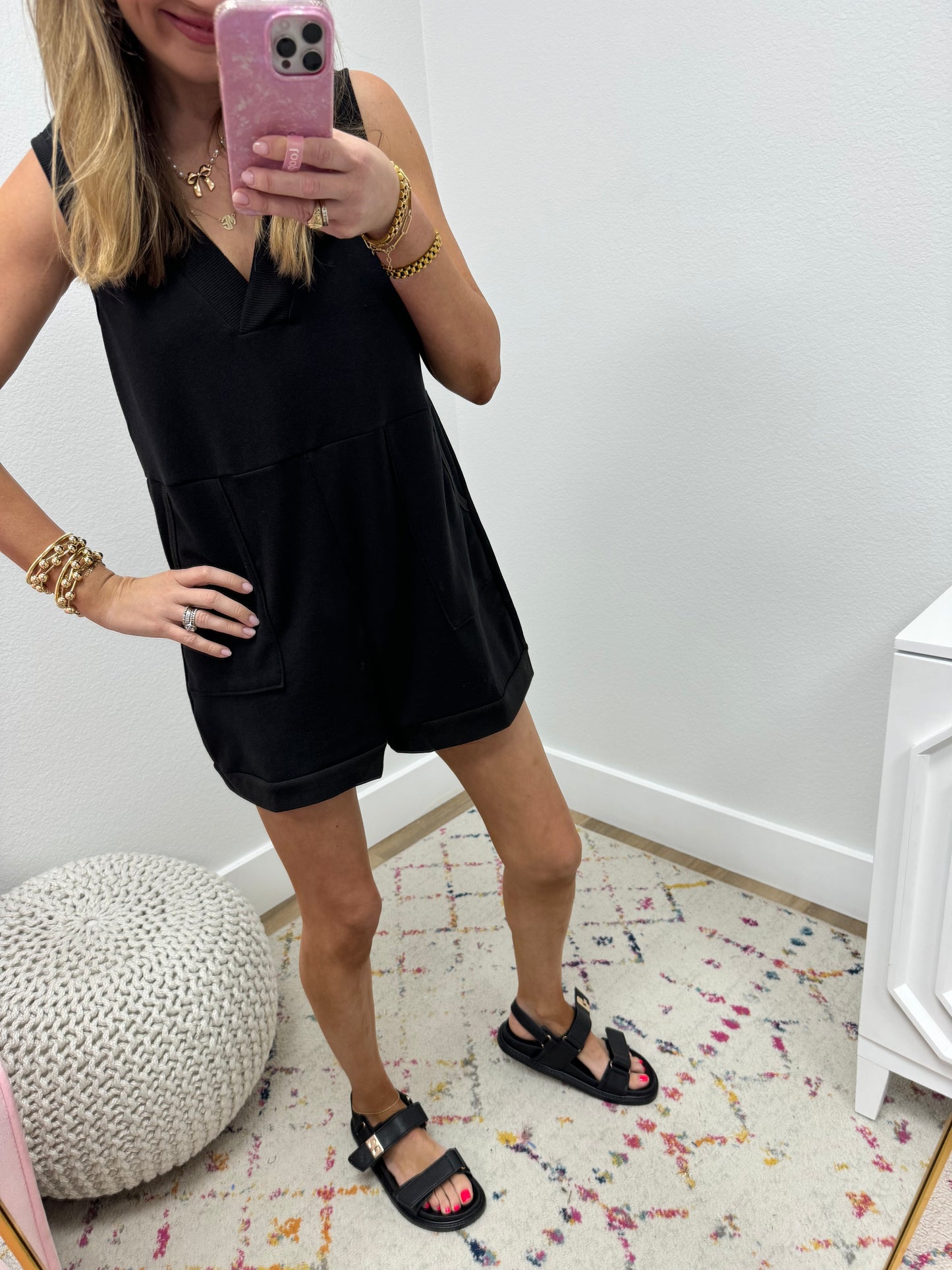 Black V Neck Romper with pockets FS