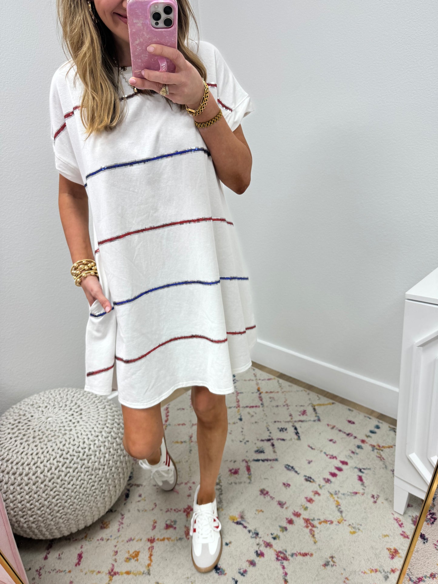 White Dress with Red and Blue Sequin Stripes FS