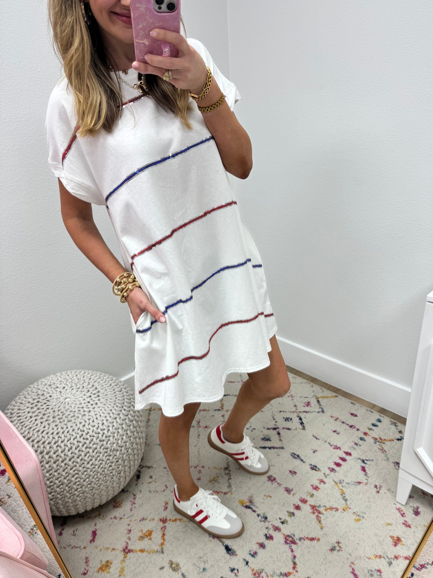 White Dress with Red and Blue Sequin Stripes FS