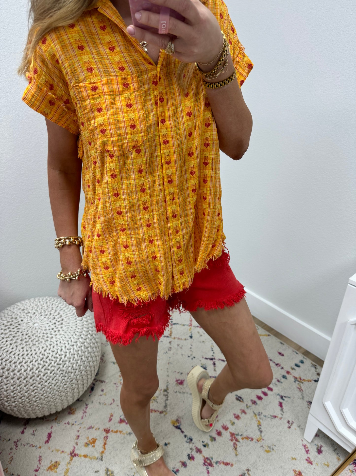 Mustard Frayed Short Sleeve Heart Top FS