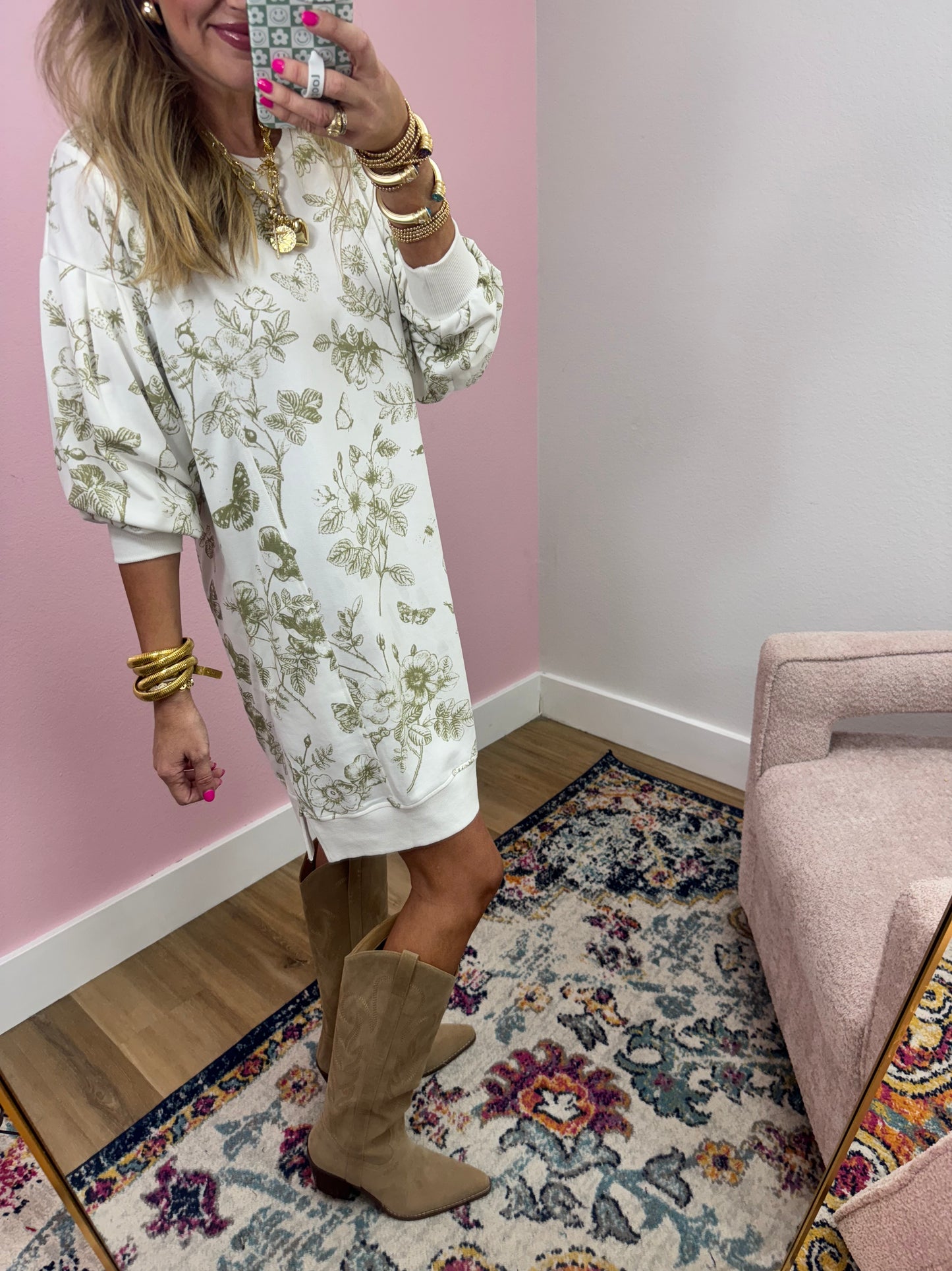 Lt Olive Printed French Terry Long Sleeve Dress