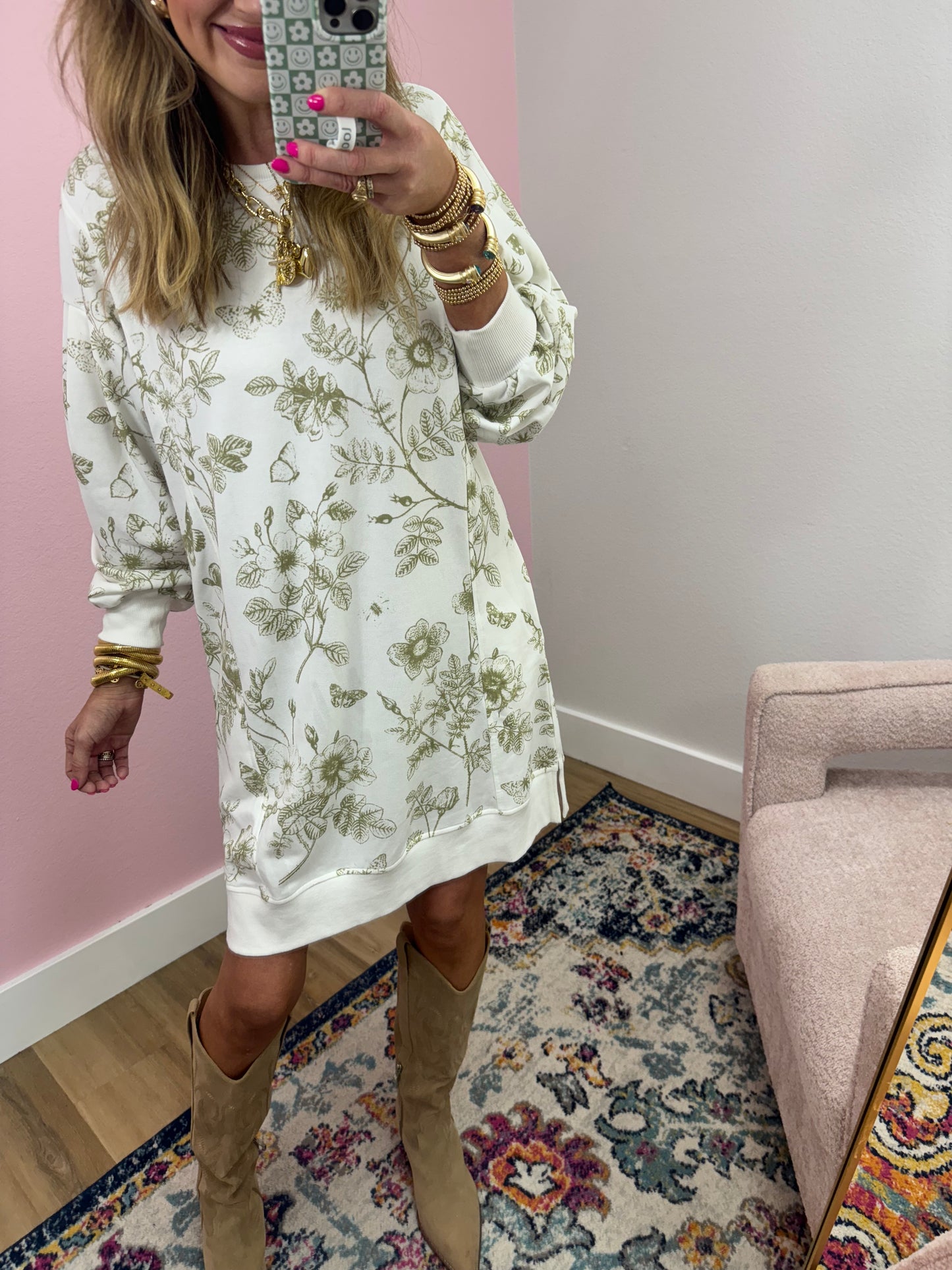 Lt Olive Printed French Terry Long Sleeve Dress