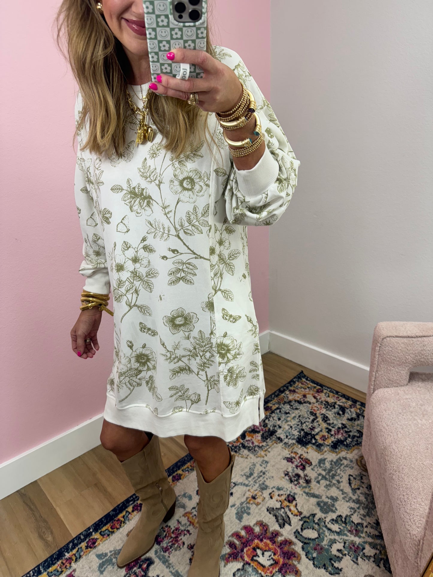 Lt Olive Printed French Terry Long Sleeve Dress