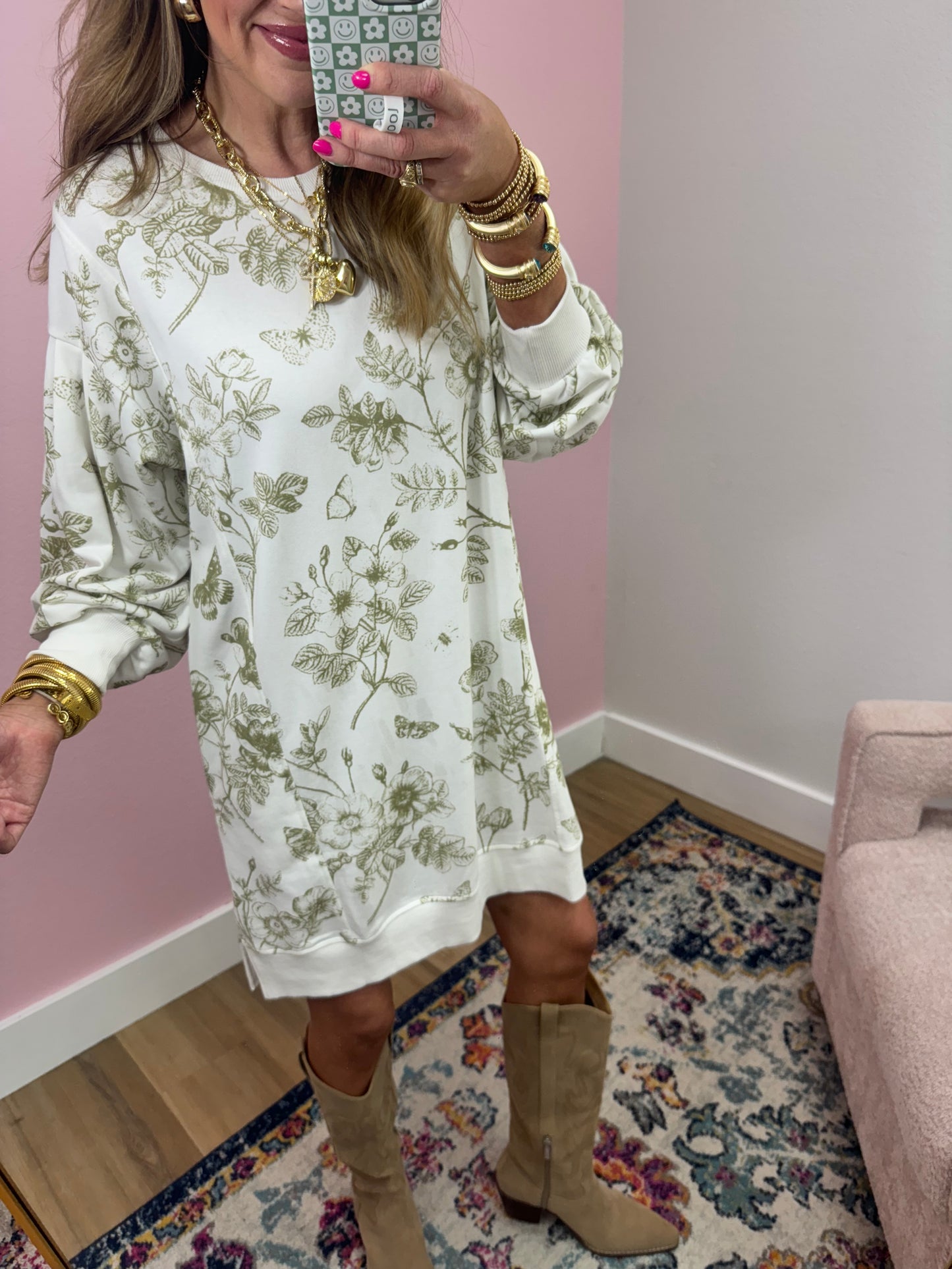 Lt Olive Printed French Terry Long Sleeve Dress