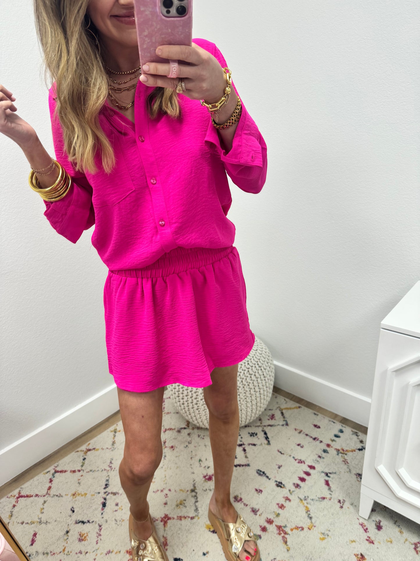 Hot Pink Button Up 2 Piece Poly Skort Set FS