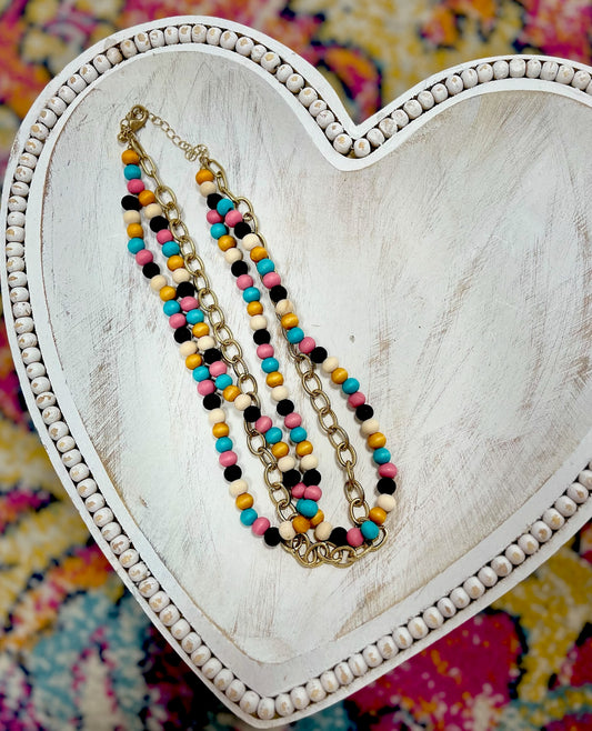 Three Strand Colored Bead and Gold Necklace