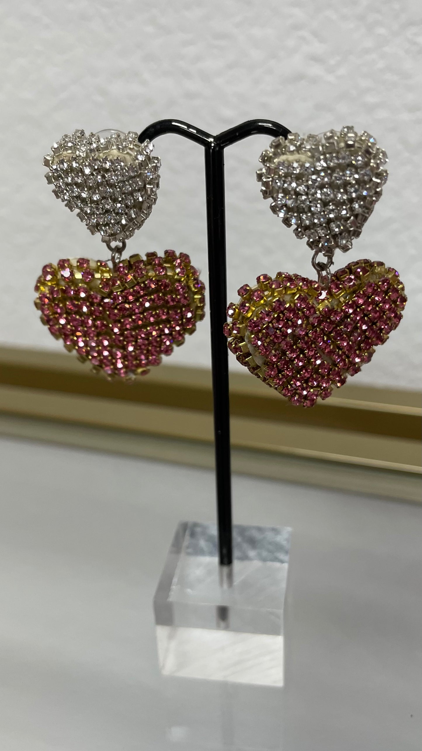 Pink and Silver Drop Down Heart Earring