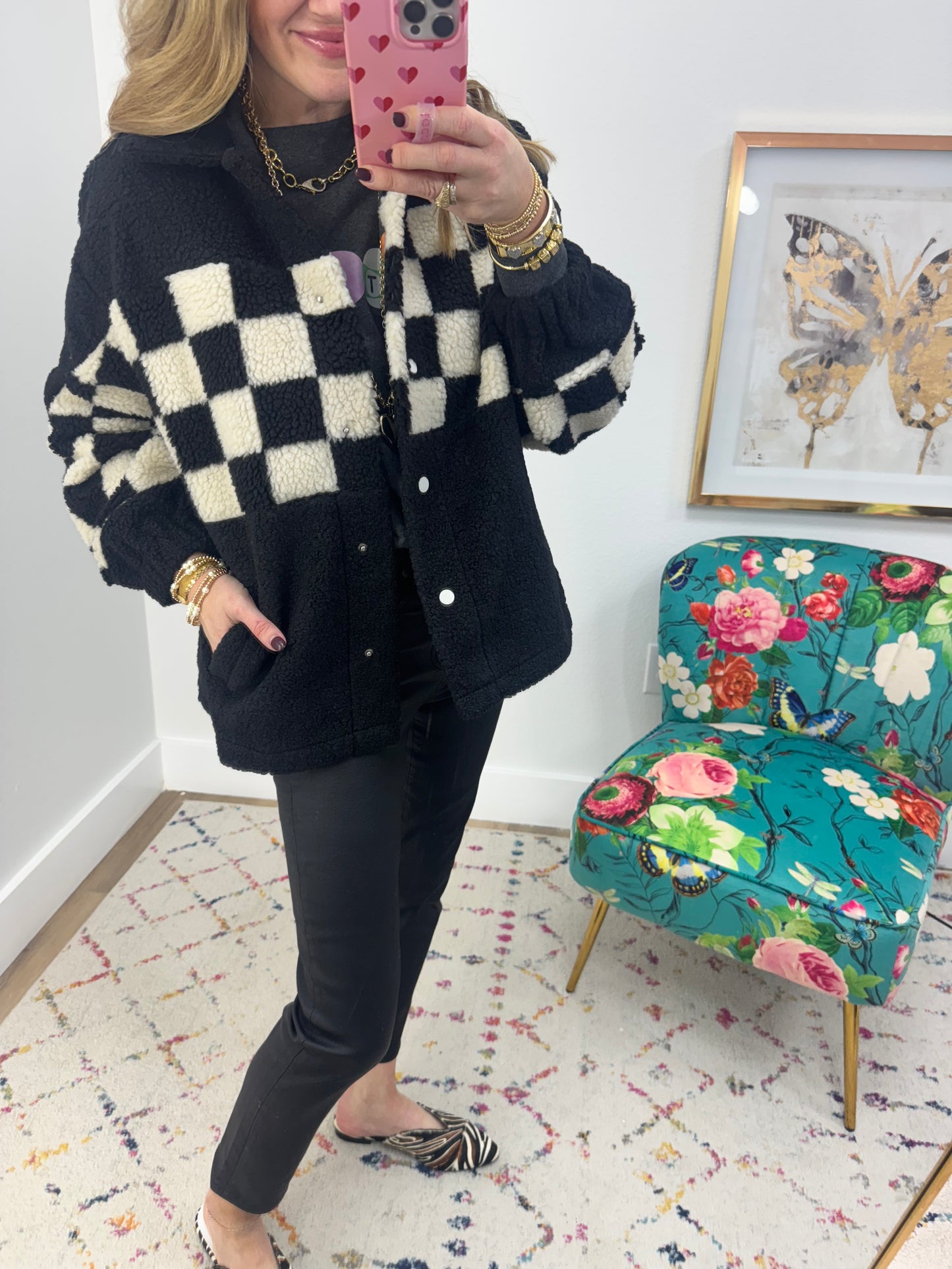 Black and White Sherpa Checkered Button Jacket