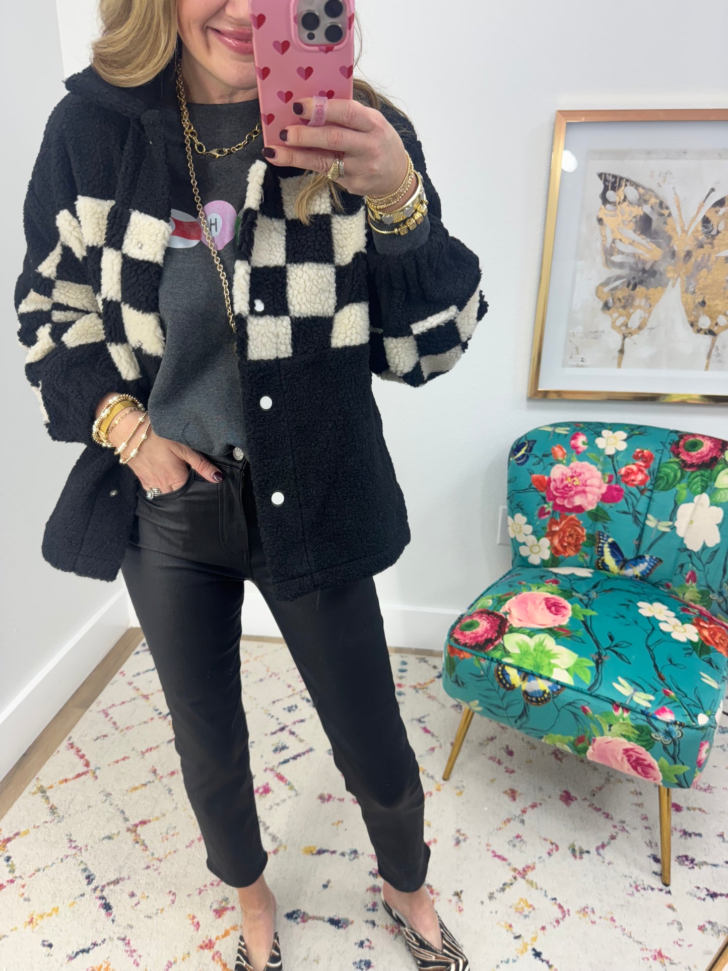 Black and White Sherpa Checkered Button Jacket