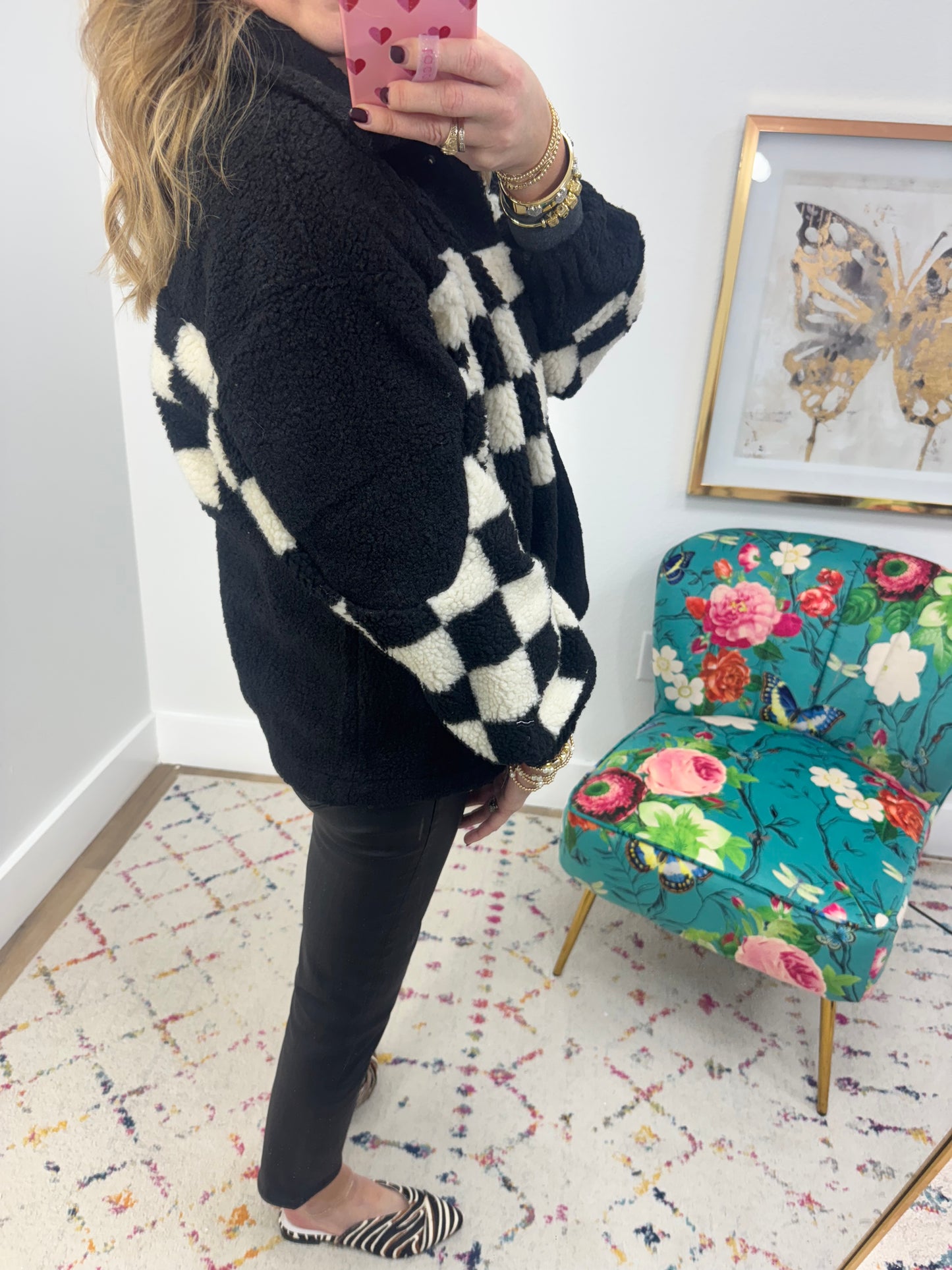 Black and White Sherpa Checkered Button Jacket