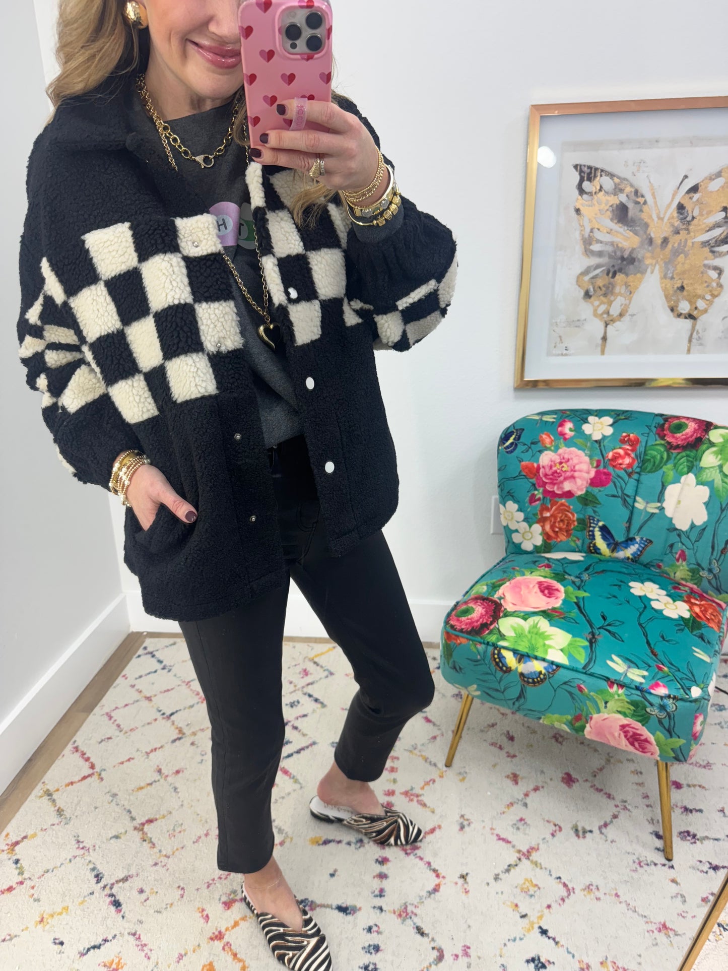 Black and White Sherpa Checkered Button Jacket