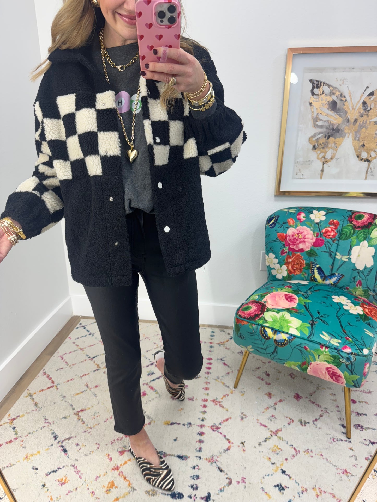 Black and White Sherpa Checkered Button Jacket