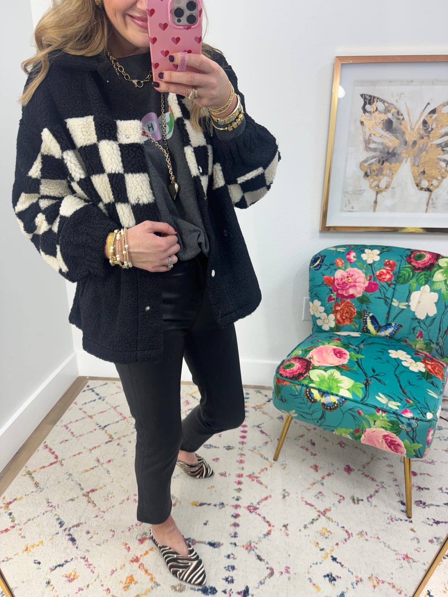 Black and White Sherpa Checkered Button Jacket