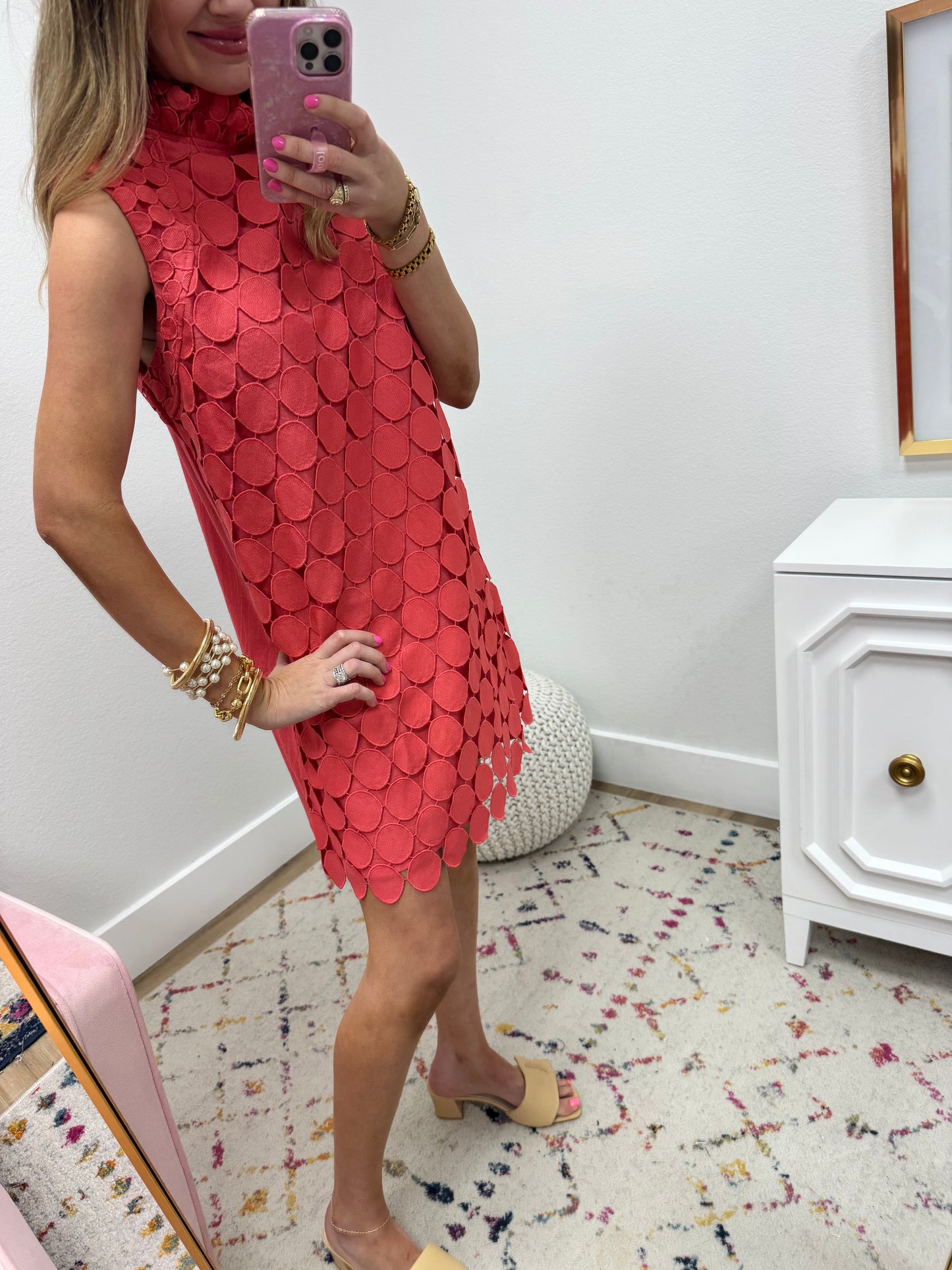 Coral Circle Overlay High Neck Dress FS