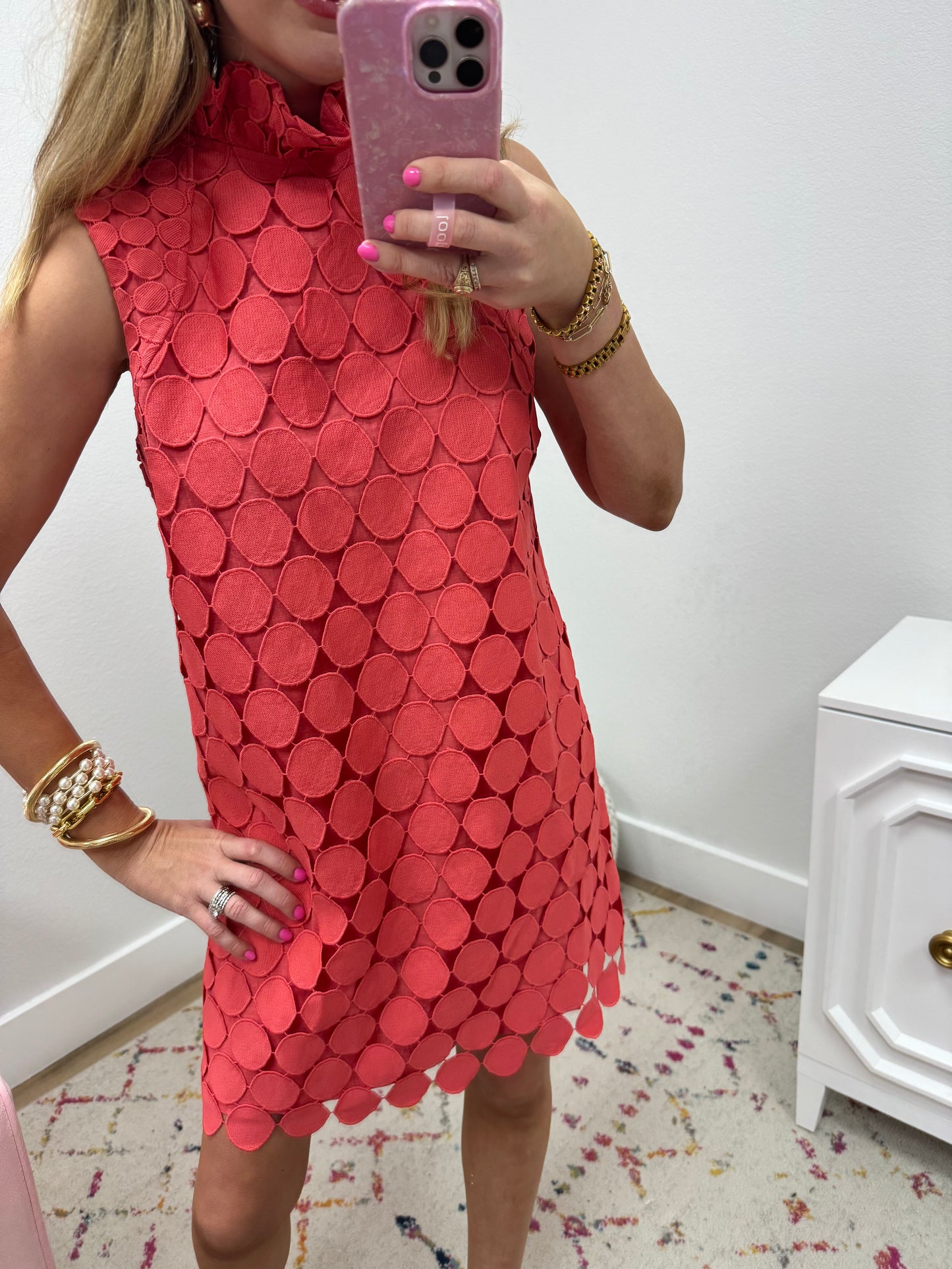 Coral Circle Overlay High Neck Dress FS