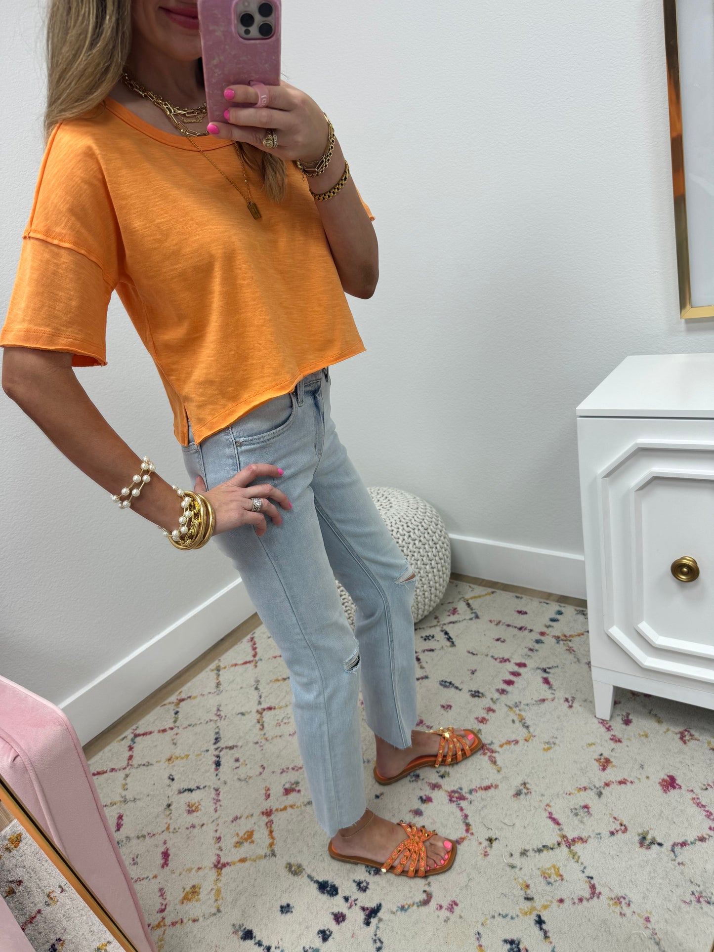 Orange Raw Hem Crop Short Sleeve FS