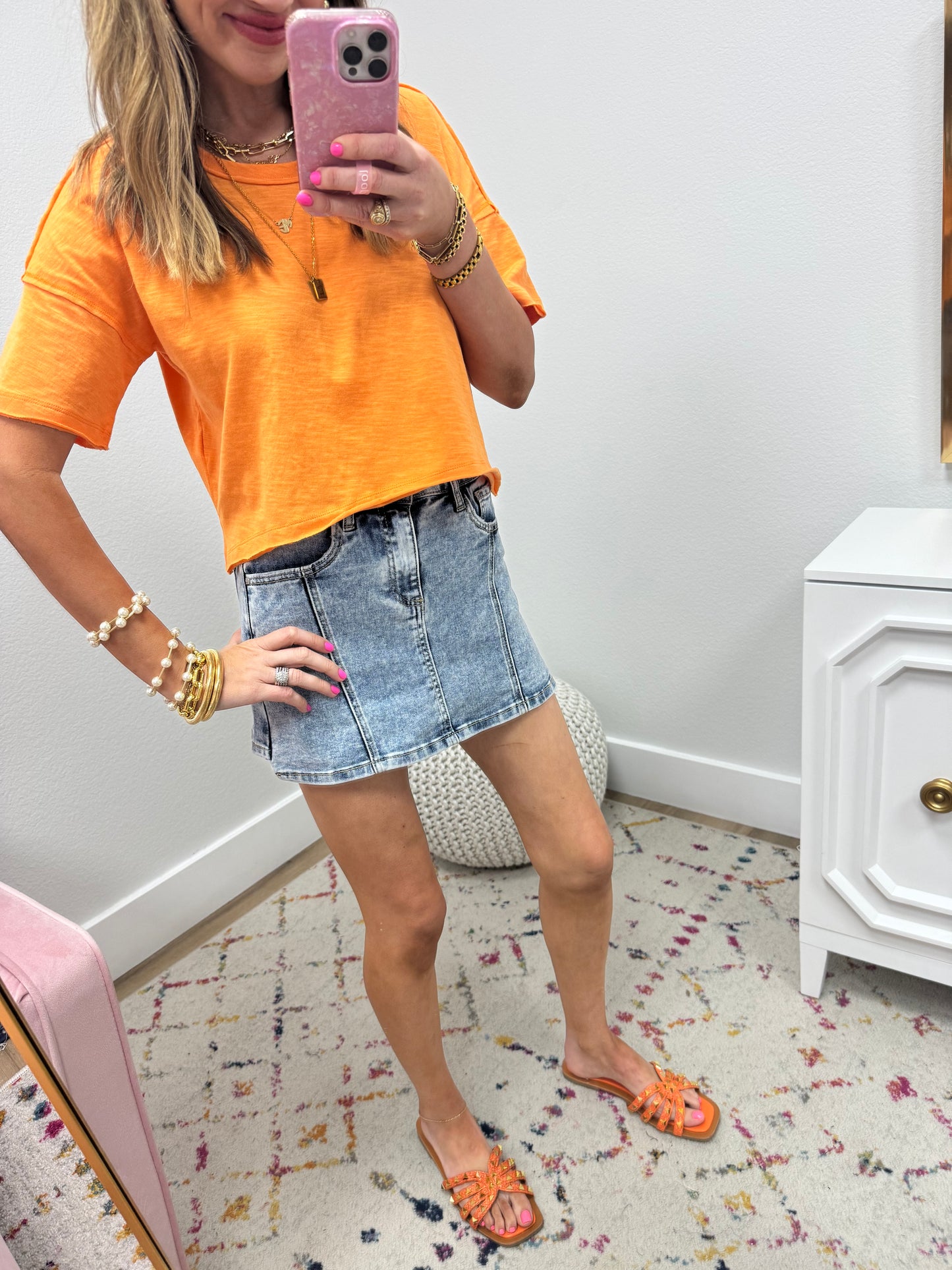 Orange Raw Hem Crop Short Sleeve FS