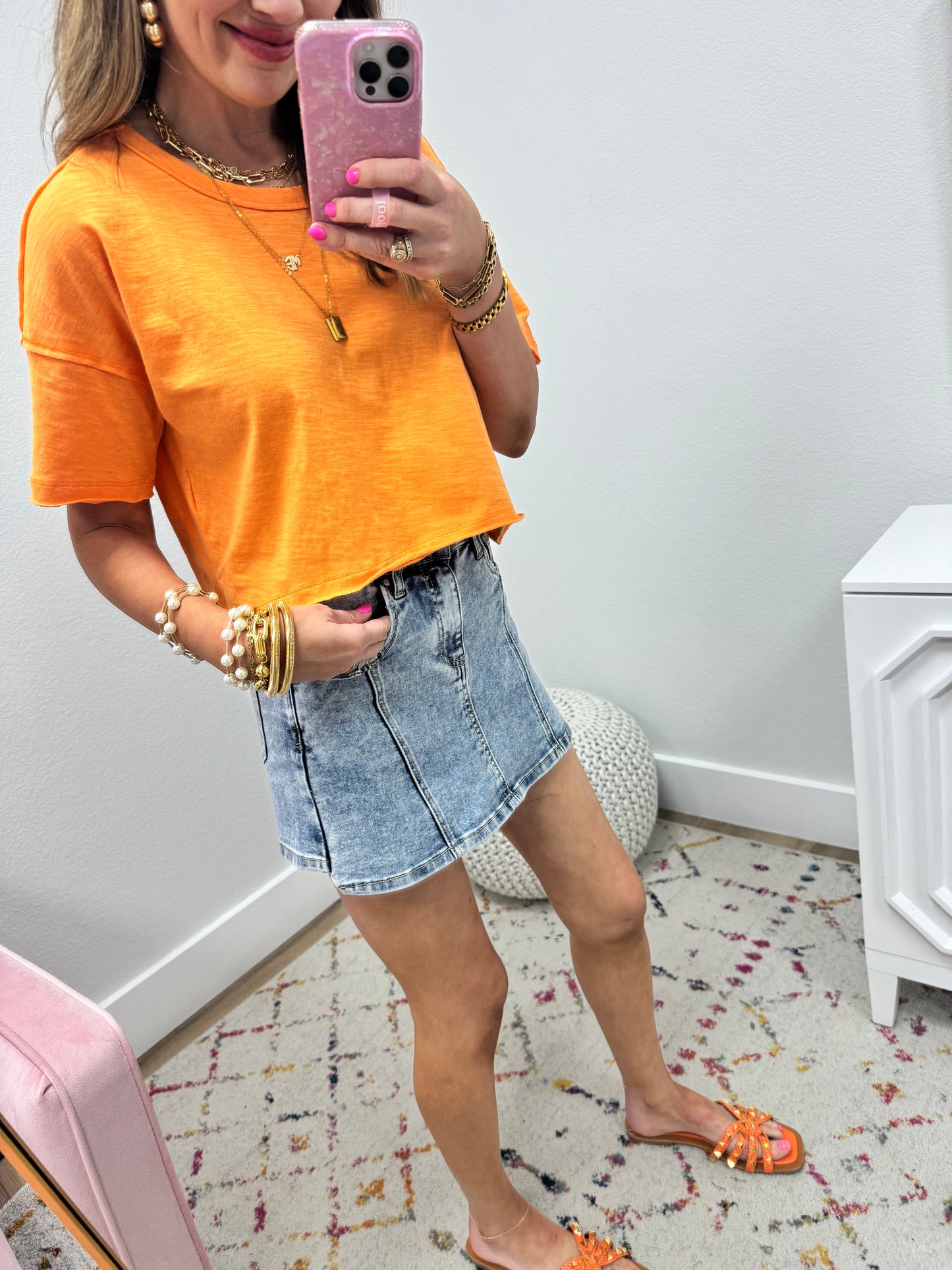 Orange Raw Hem Crop Short Sleeve FS