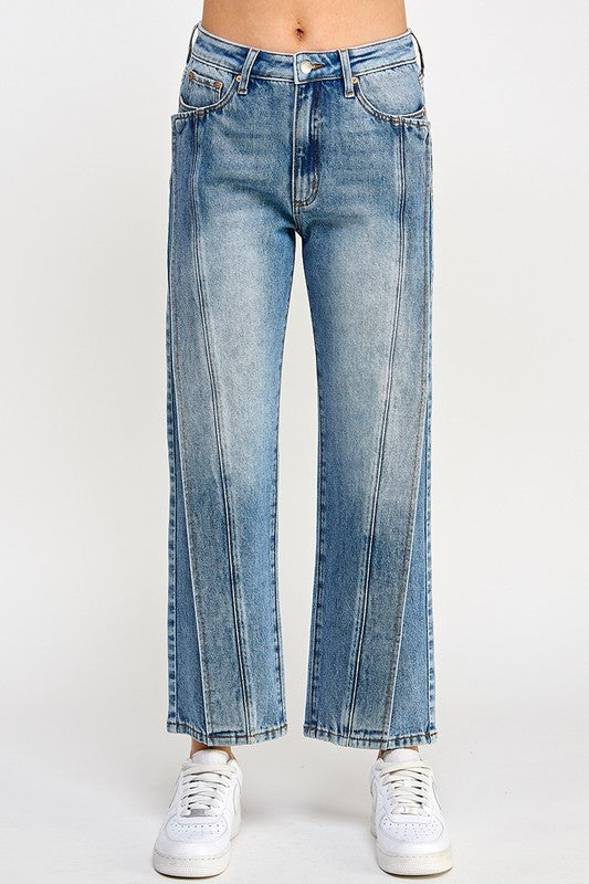 Medium High Rise Straight Fold Seam Jeans