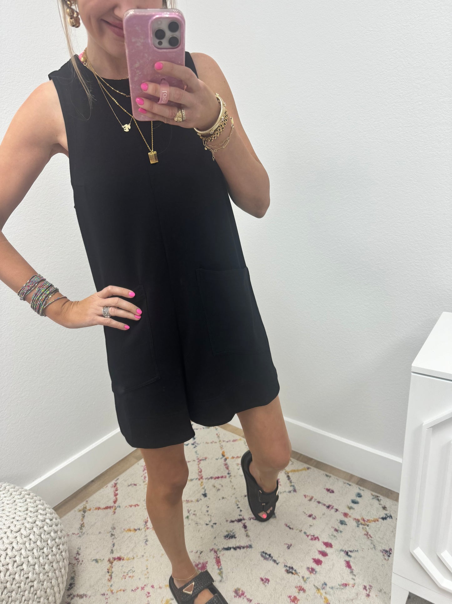 Black Solid Romper with Front Pockets