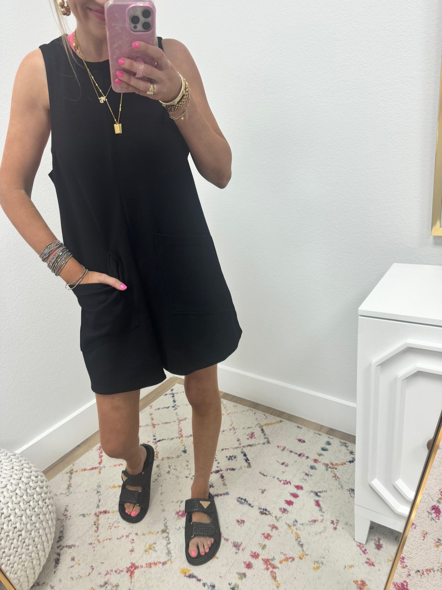 Black Solid Romper with Front Pockets