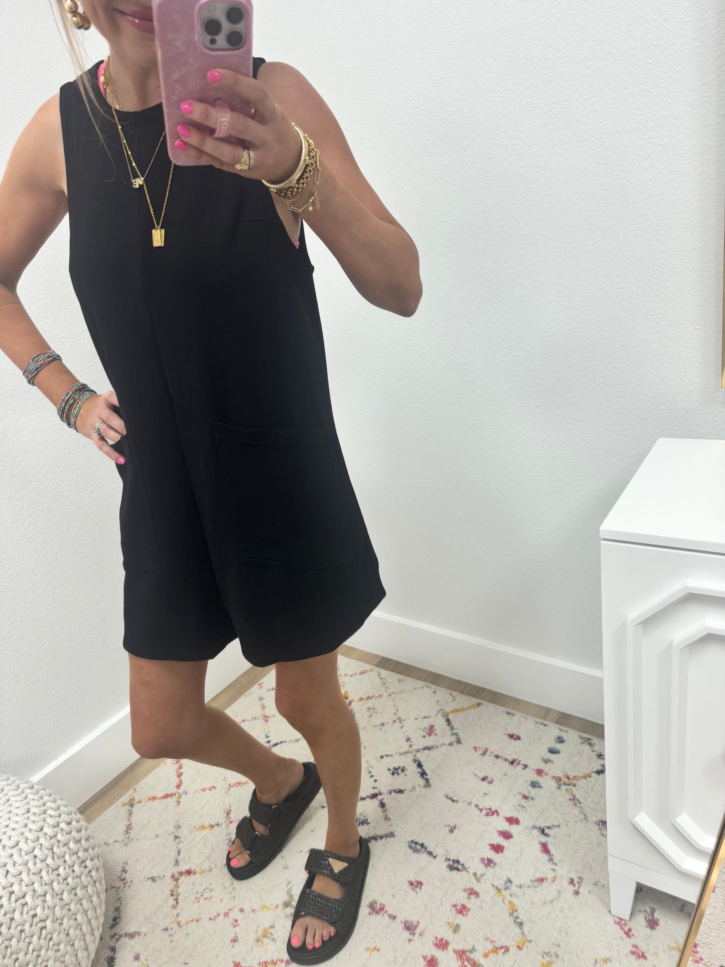 Black Solid Romper with Front Pockets