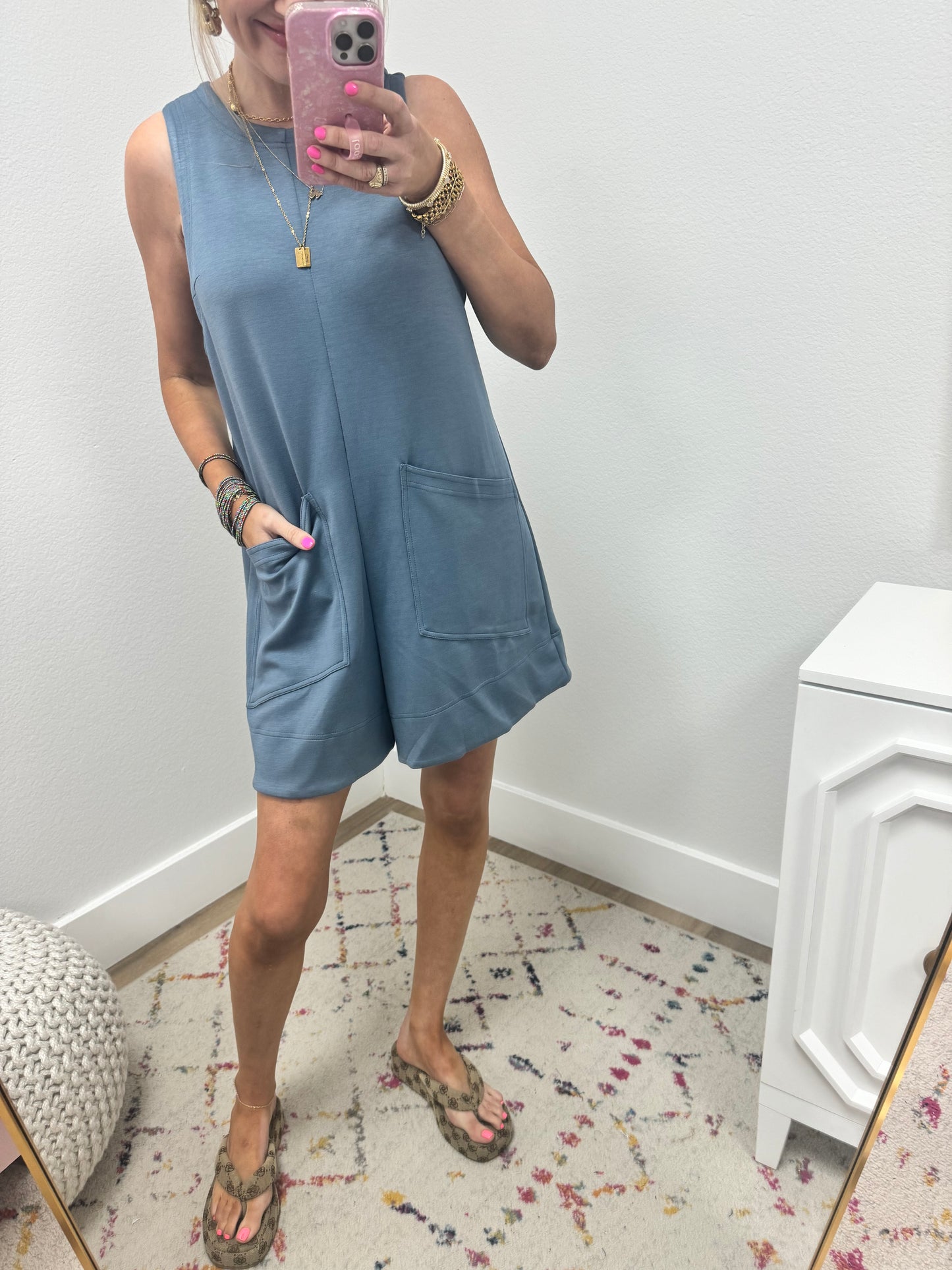 Denim Blue Solid Romper with Front Pockets