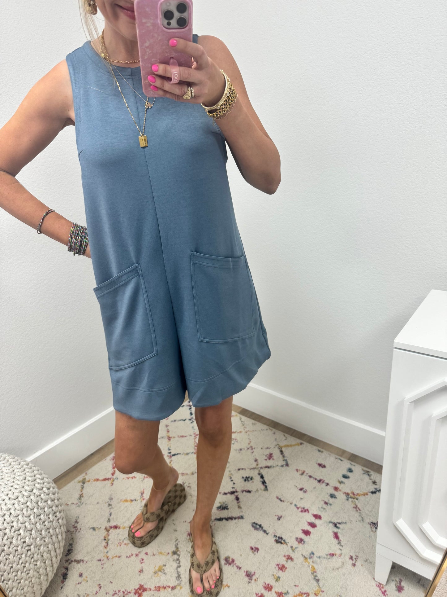 Denim Blue Solid Romper with Front Pockets