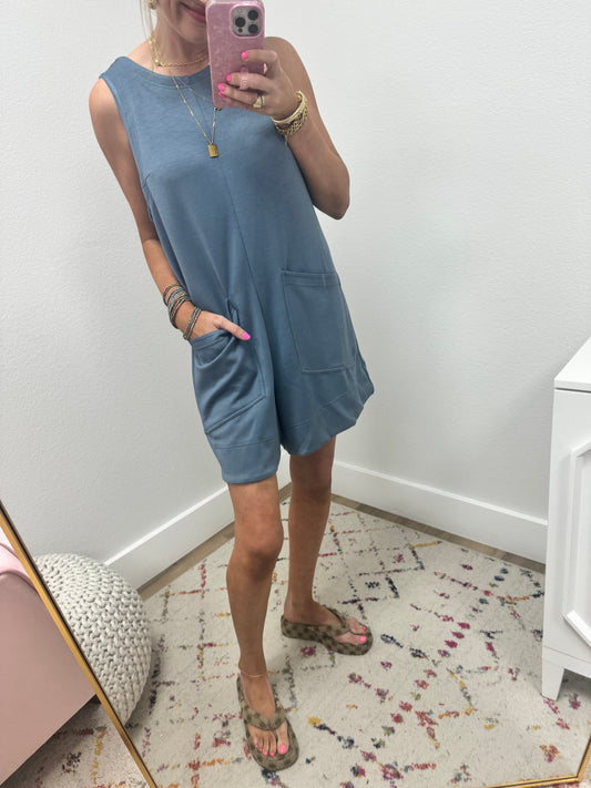 Denim Blue Solid Romper with Front Pockets