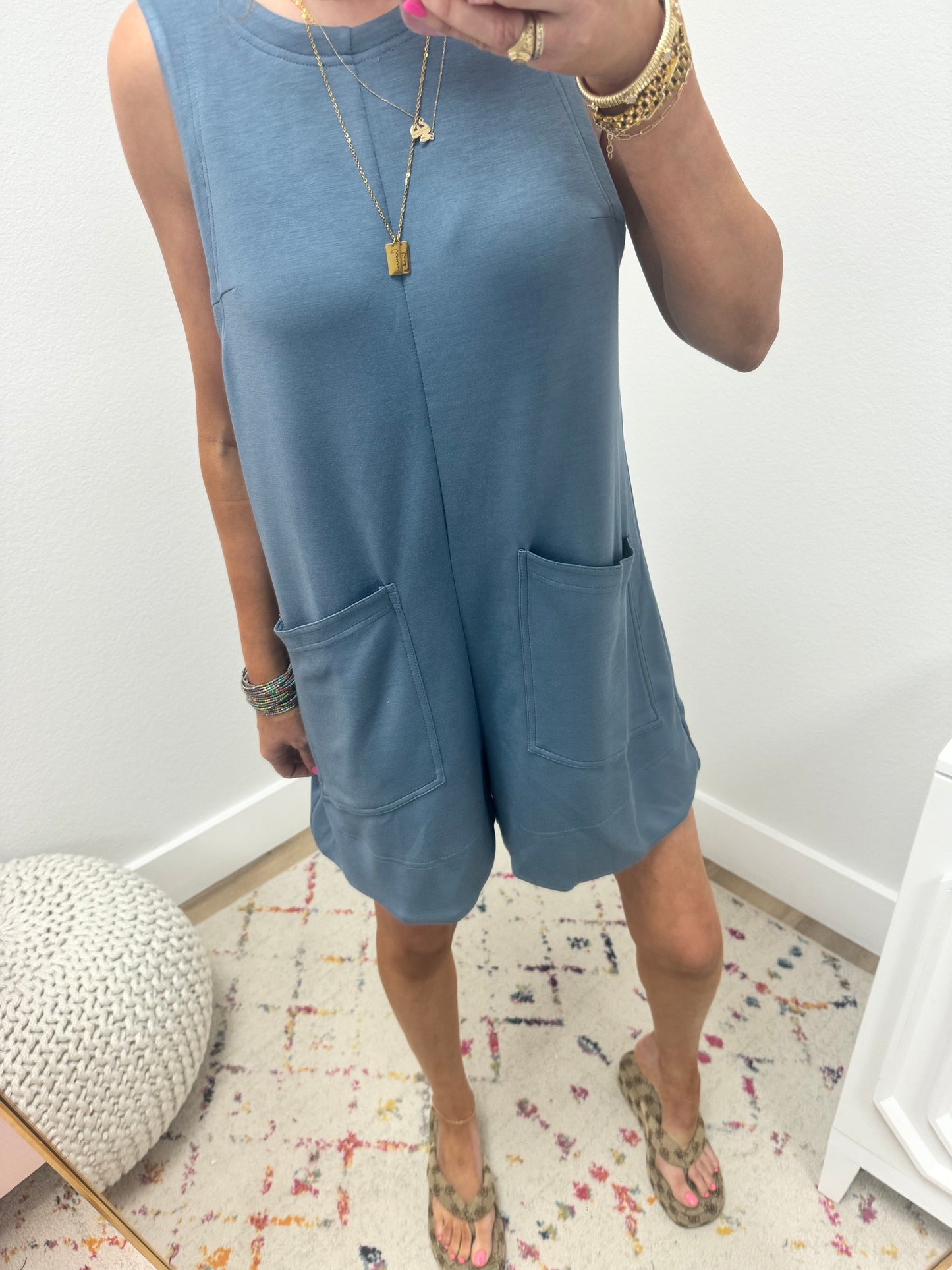 Denim Blue Solid Romper with Front Pockets