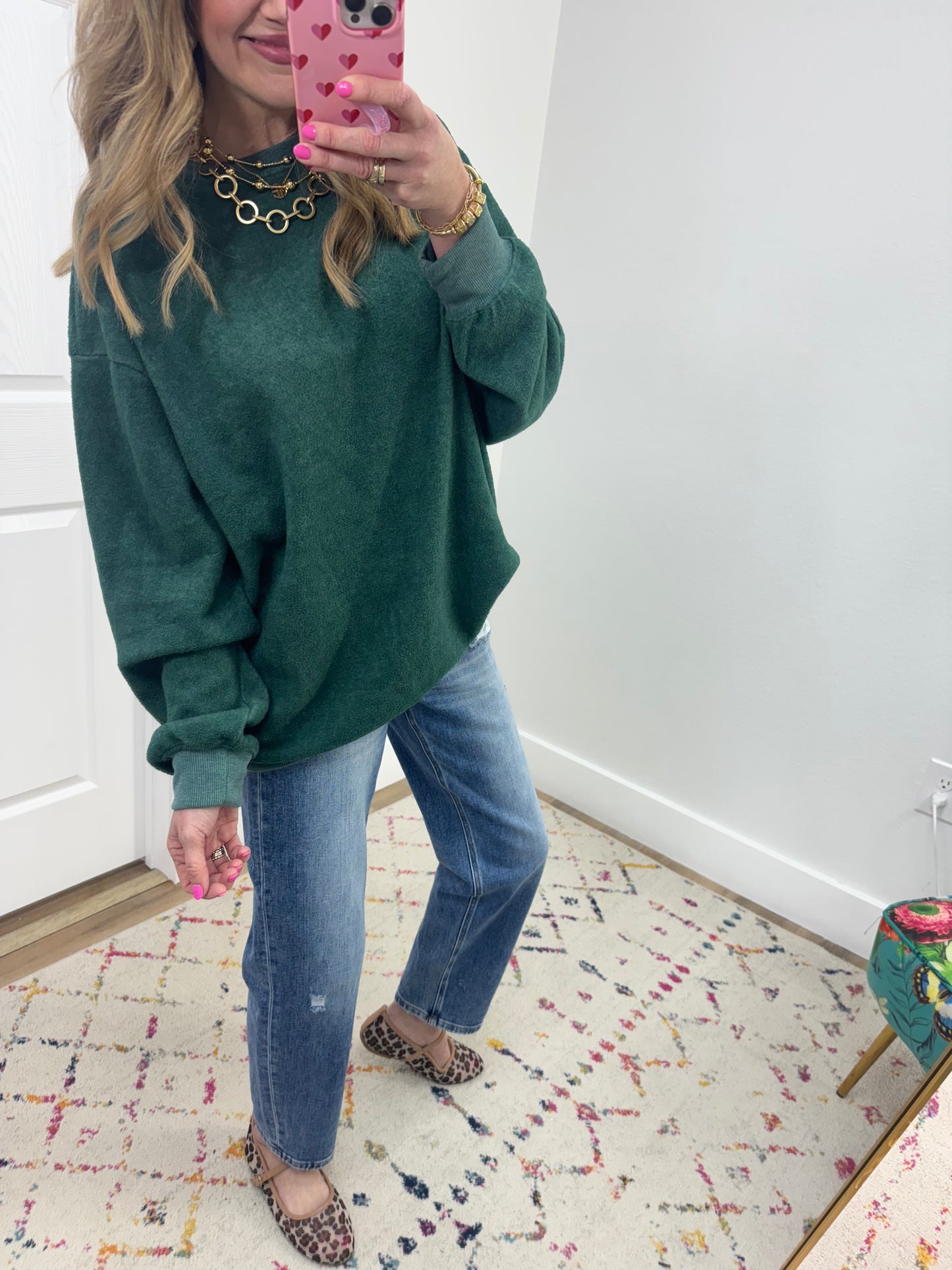 Evergreen Fleece Style Long Pullover Top