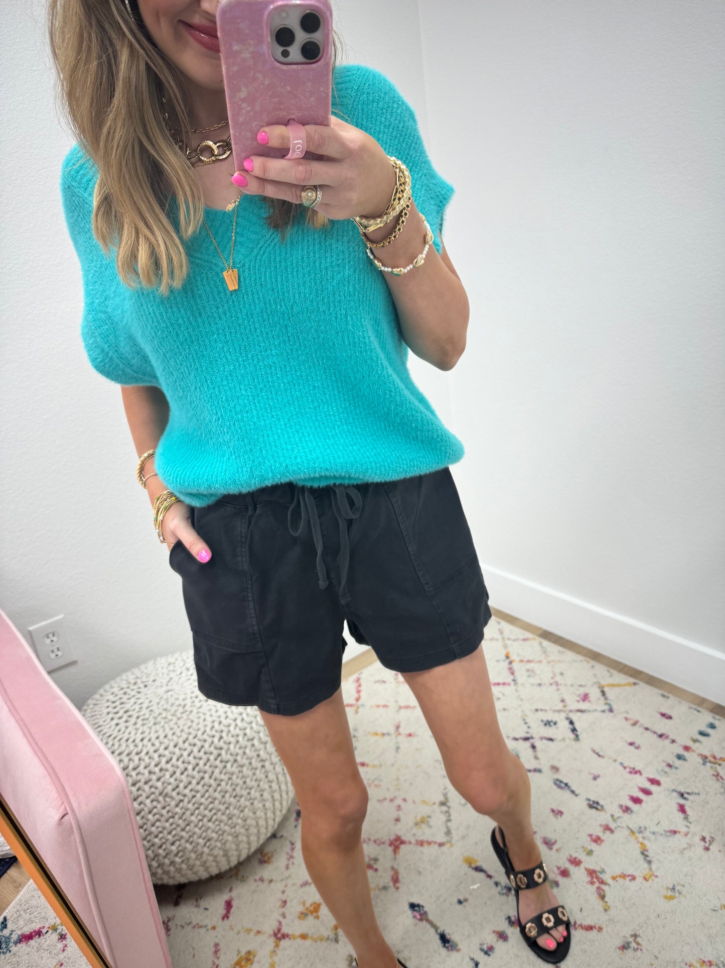 Turquoise Fuzzy Sweater Vest Style Top