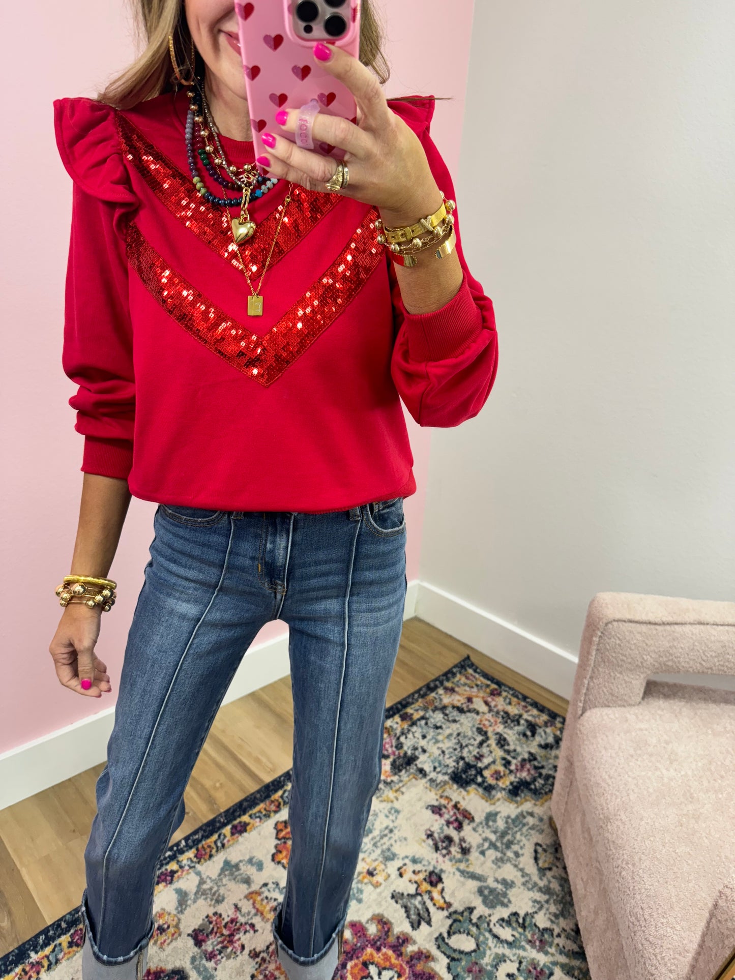 Red Sequin Front Ruffle Sleeve Pullover Top