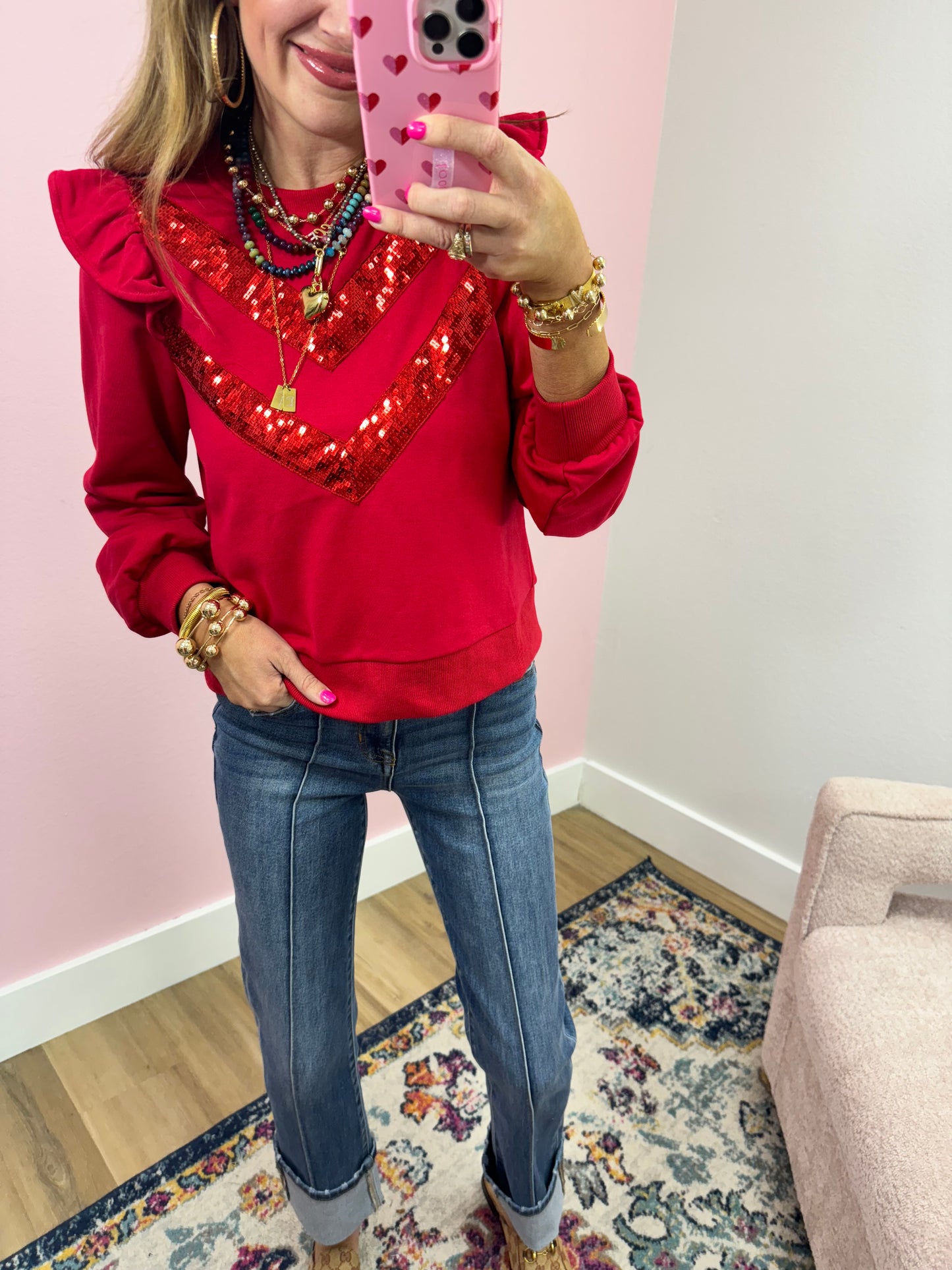 Red Sequin Front Ruffle Sleeve Pullover Top