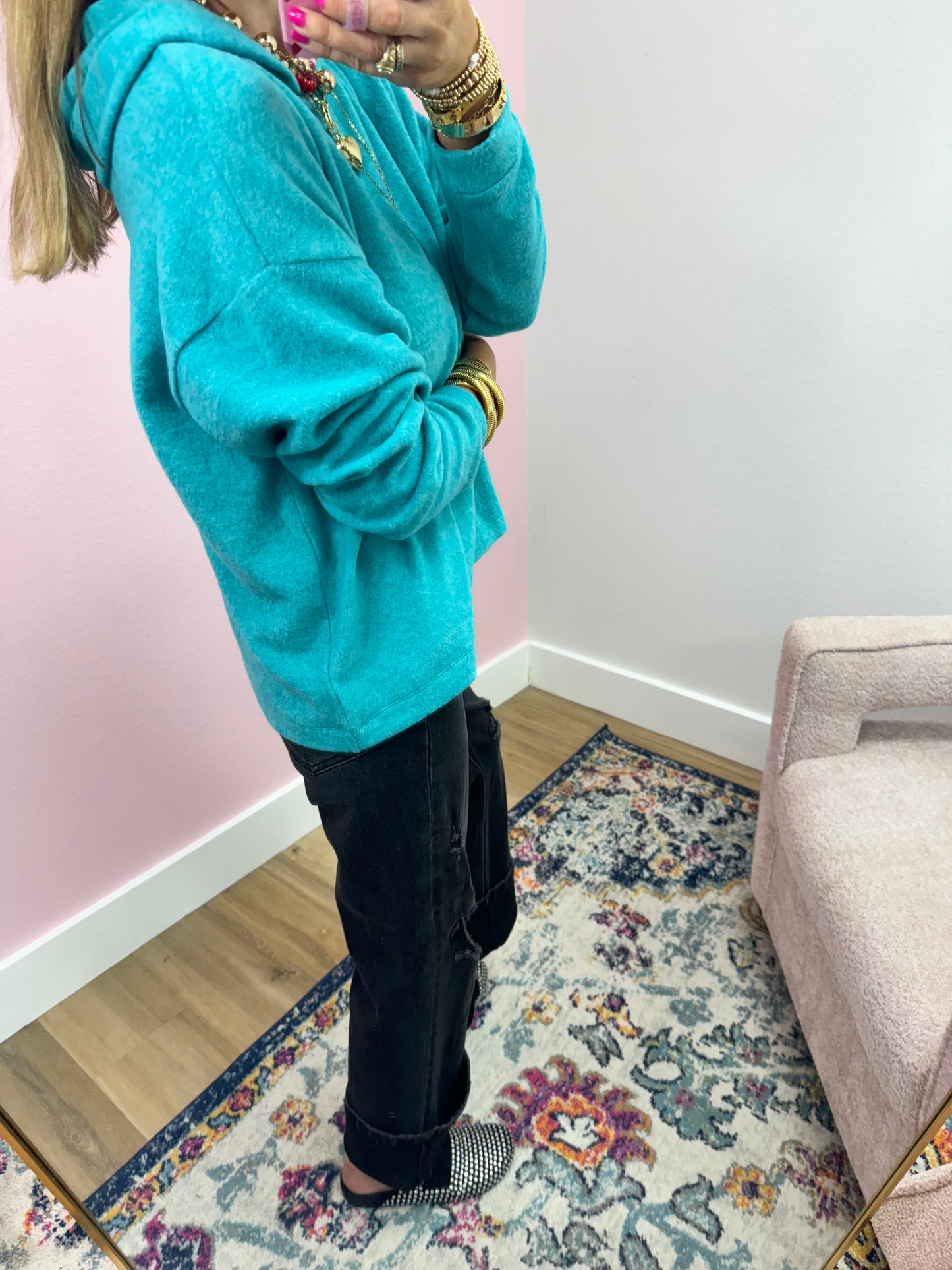 Teal Mélange Hooded Pullover Top