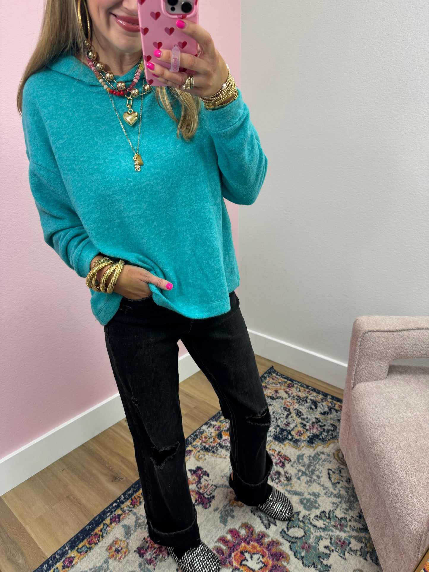 Teal Mélange Hooded Pullover Top