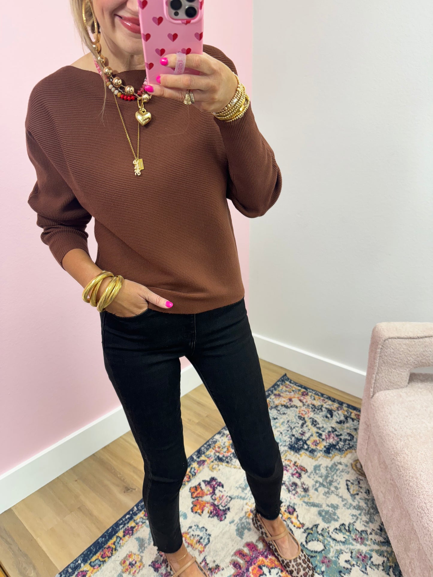 Chesnut Ribbed Dollman Sleeve Sweater Top