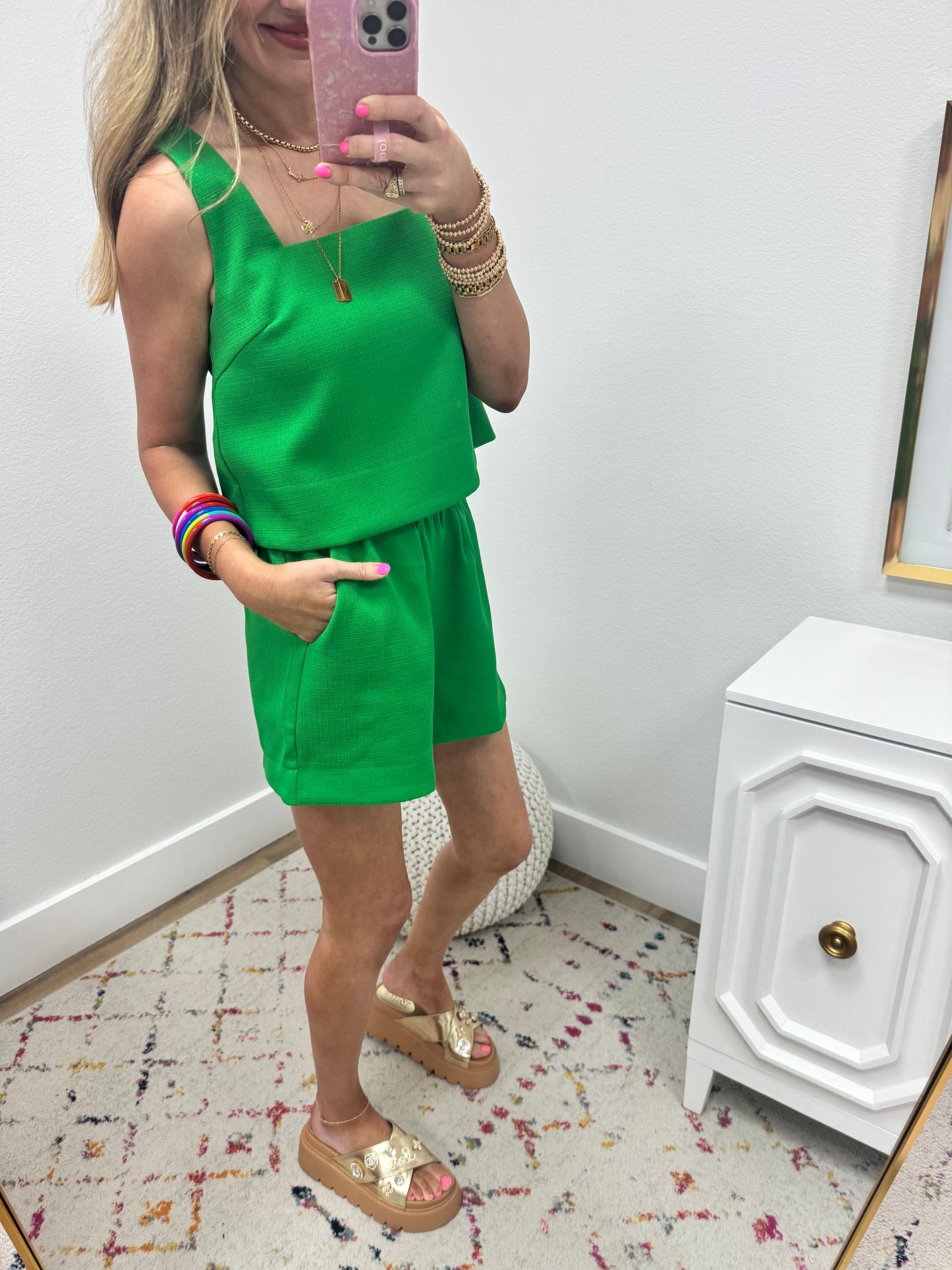 Kelly Green Square Neck Style Two Piece Set