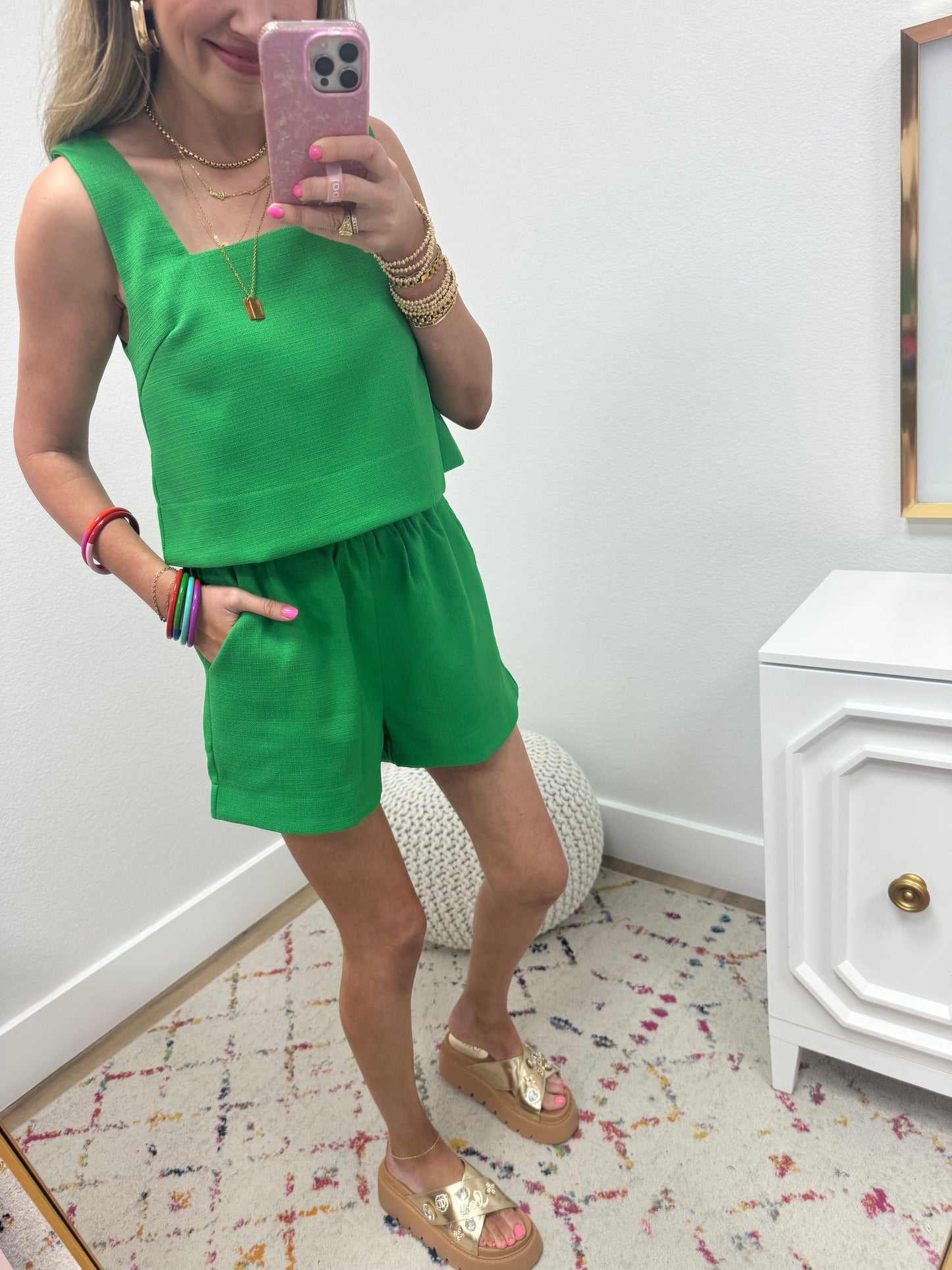 Kelly Green Square Neck Style Two Piece Set