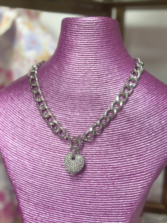 Crystal Heart Front Clasp Silver Link Necklace