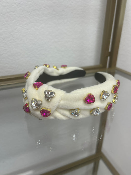 White with Pink and Clear Crystal Heart Headband