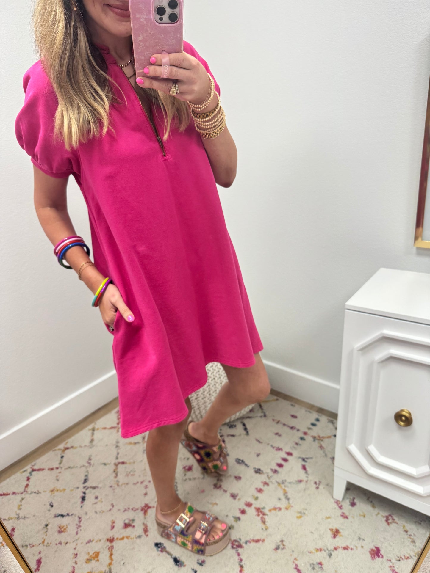 Wasehd Pink Quarter Zip up Puff Sleeve Dress FS