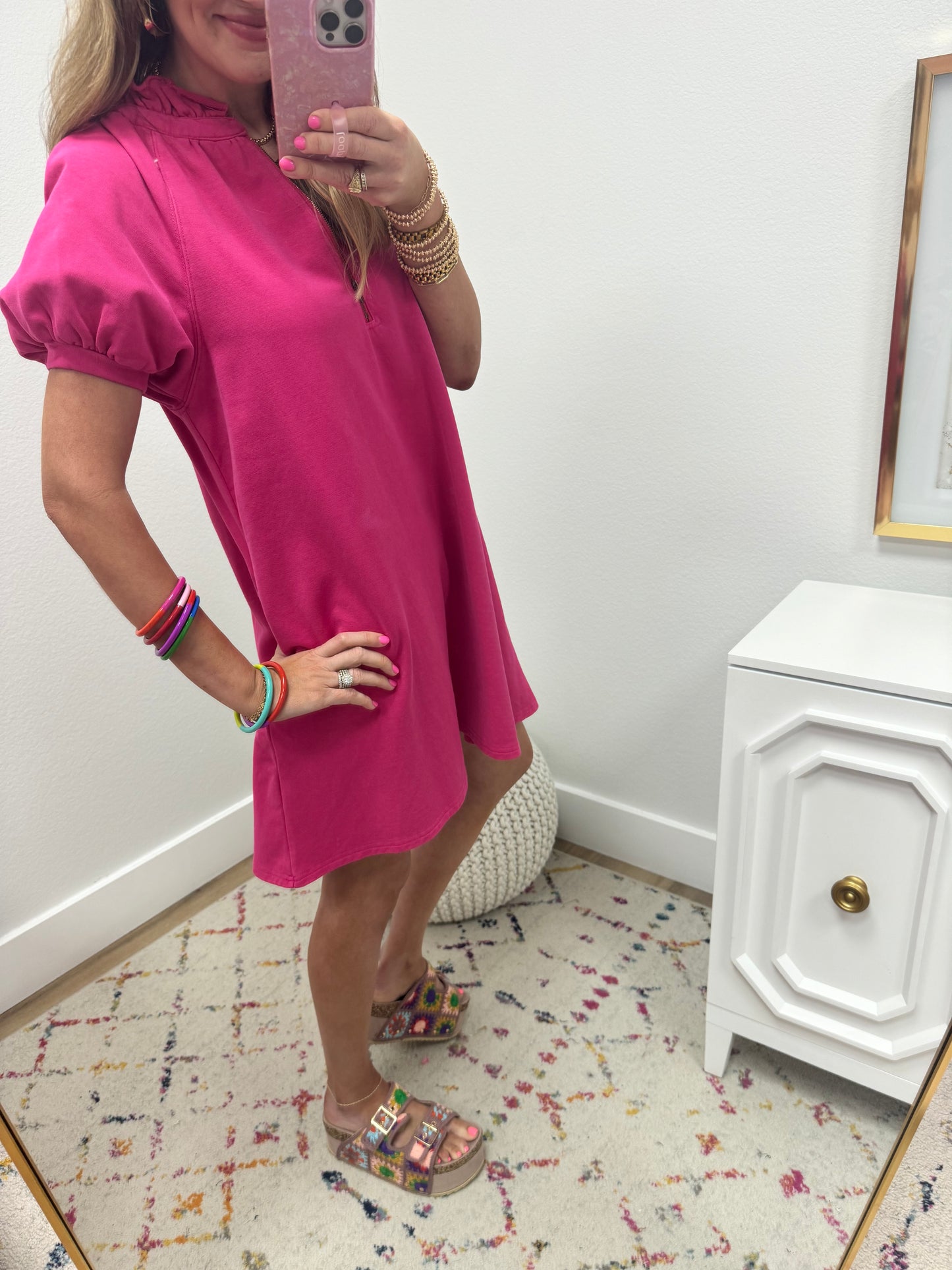 Wasehd Pink Quarter Zip up Puff Sleeve Dress FS