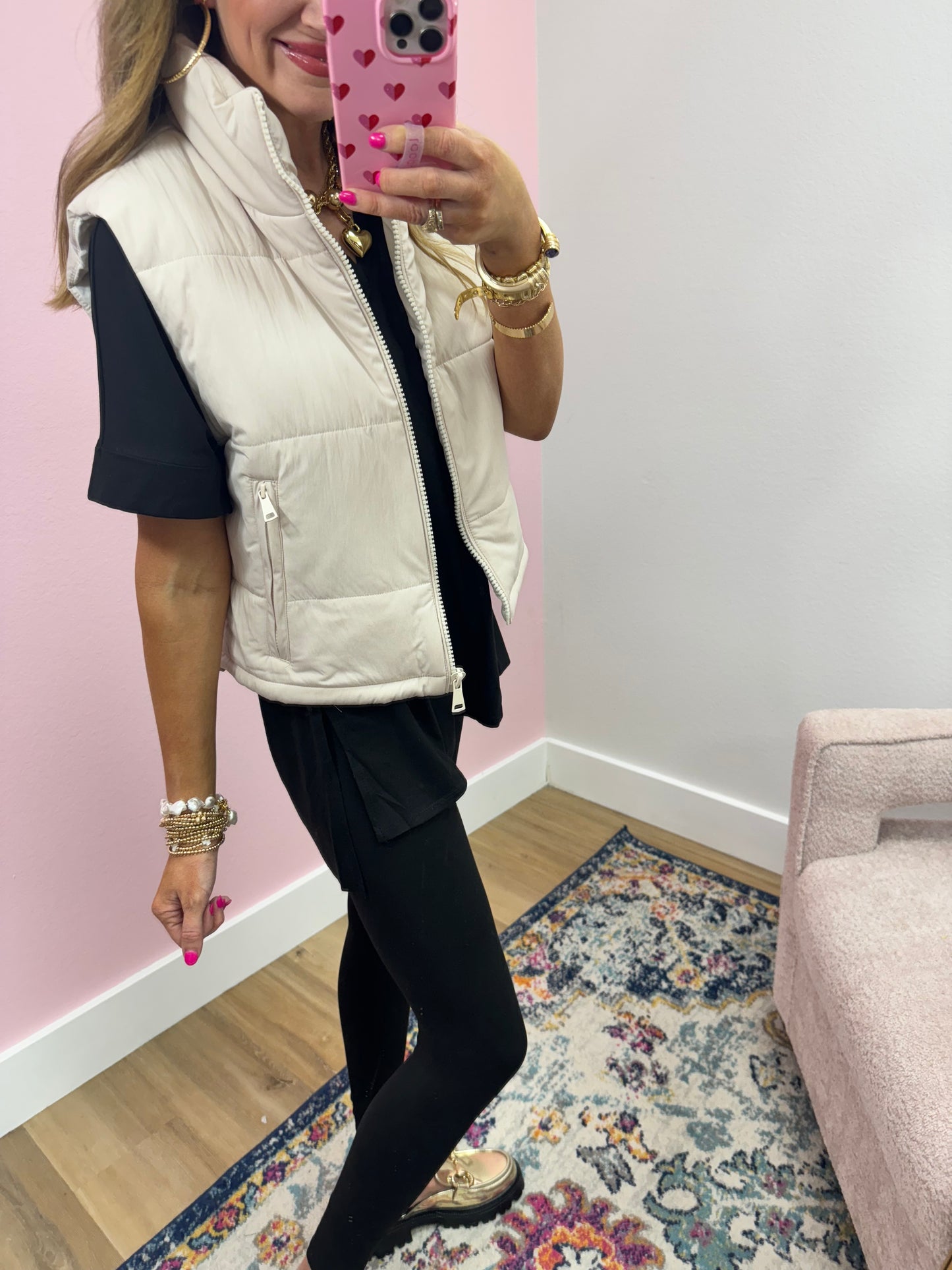 Cream Quilted Zip Front Vest