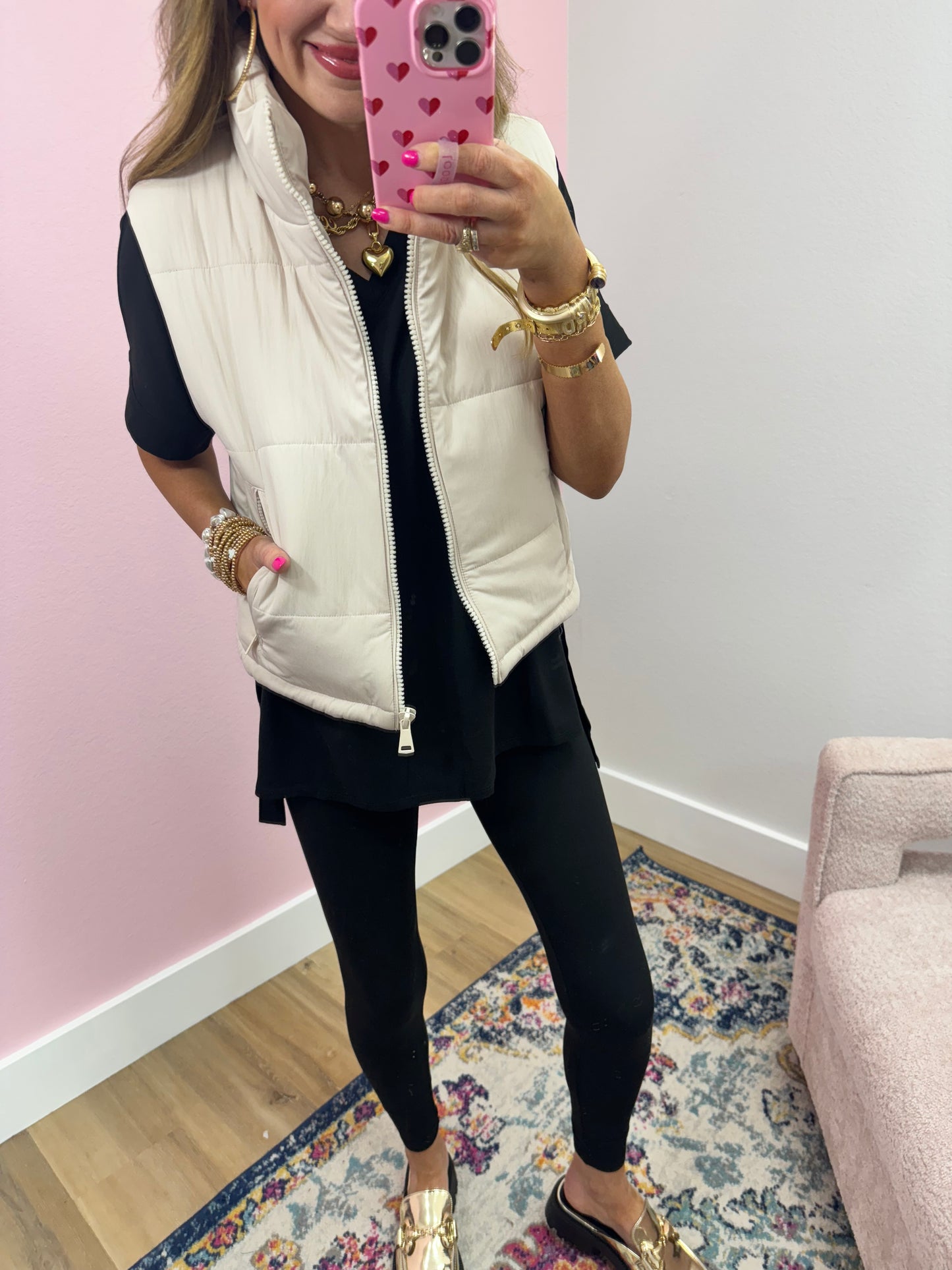 Cream Quilted Zip Front Vest