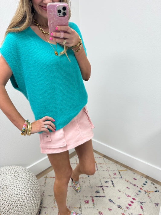 Turquoise Fuzzy Sweater Vest Style Top