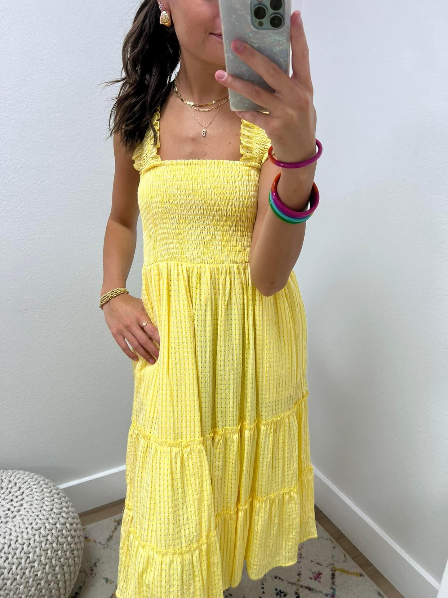 Yellow and White Checkered Tiered Midi Dress FS