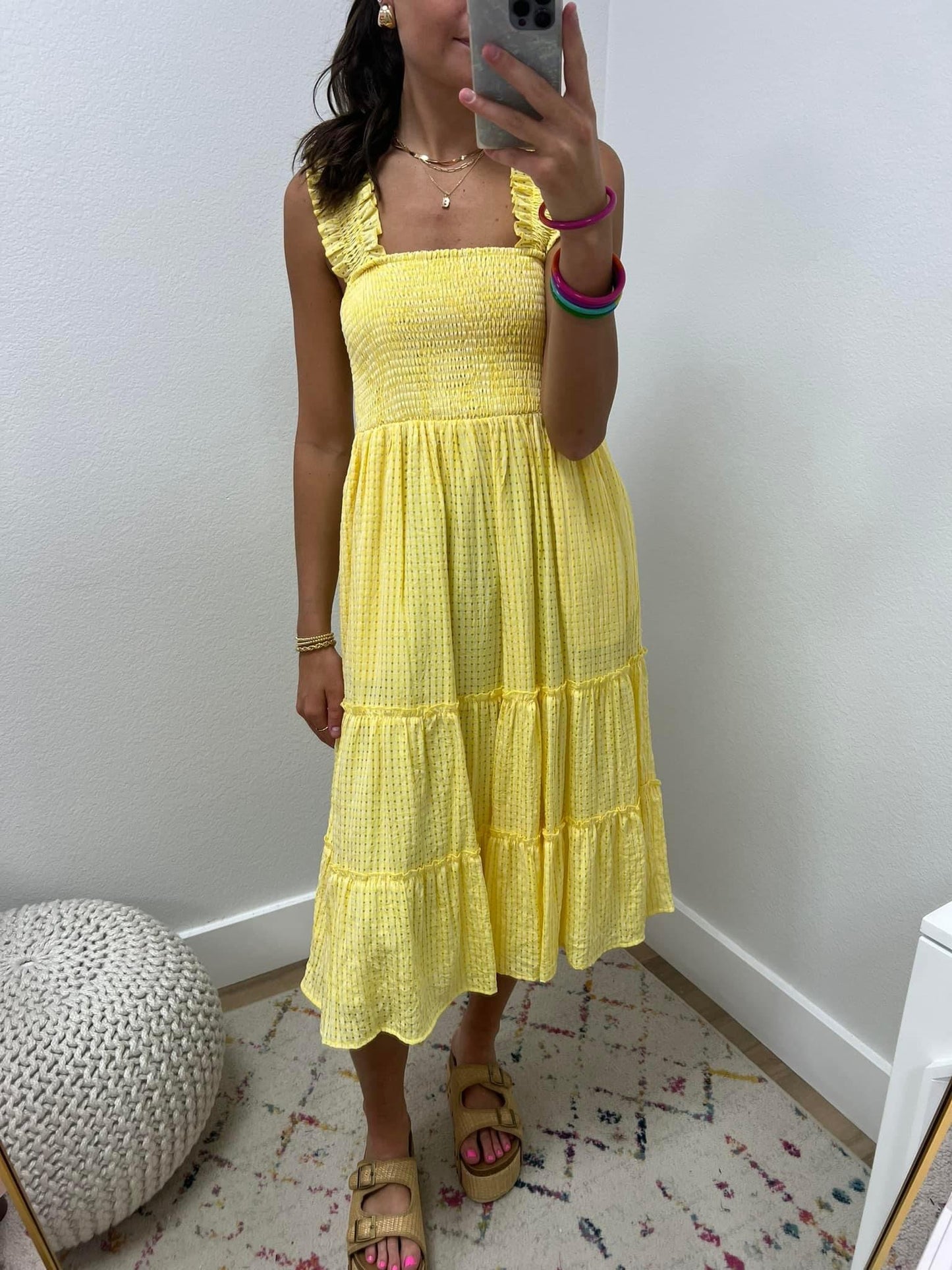 Yellow and White Checkered Tiered Midi Dress FS